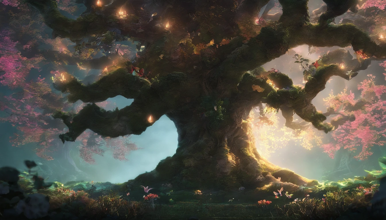 The fantastical and huge Tree of Life before my eyes、night forest、Moonlight on the tree々Plug in from between、Illuminate the ground、It creates a fantastic pattern of light and shadow.、The trunks and branches stand out from the surrounding darkness and cast shadows on the ground.。At the base of the tree, mysterious flowers and slightly glowing mushrooms grow, creating a mysterious atmosphere.。A forest view stretches out in the distance、highest quality, High resolution, photographっぽい、Very realistic、 very realistic、photograph、one person perspective、super detail、high detail、8K、