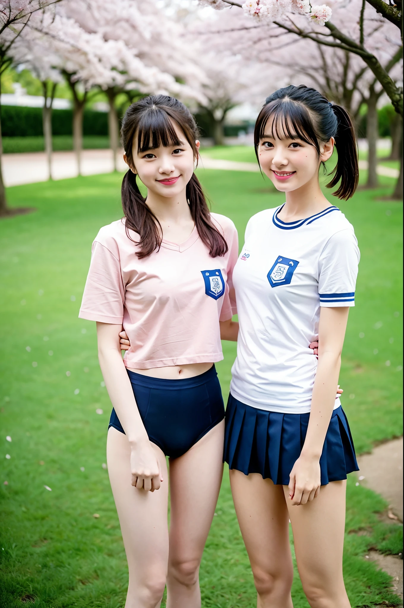 girls standing under cherry blossoms in school yard,short-sleeved white school long t-shirt with blue trim,navy blue speedo briefs,18-year-old,bangs,a little smile,thighs,knees,short hair and low ponytails with barrette,from below,front light