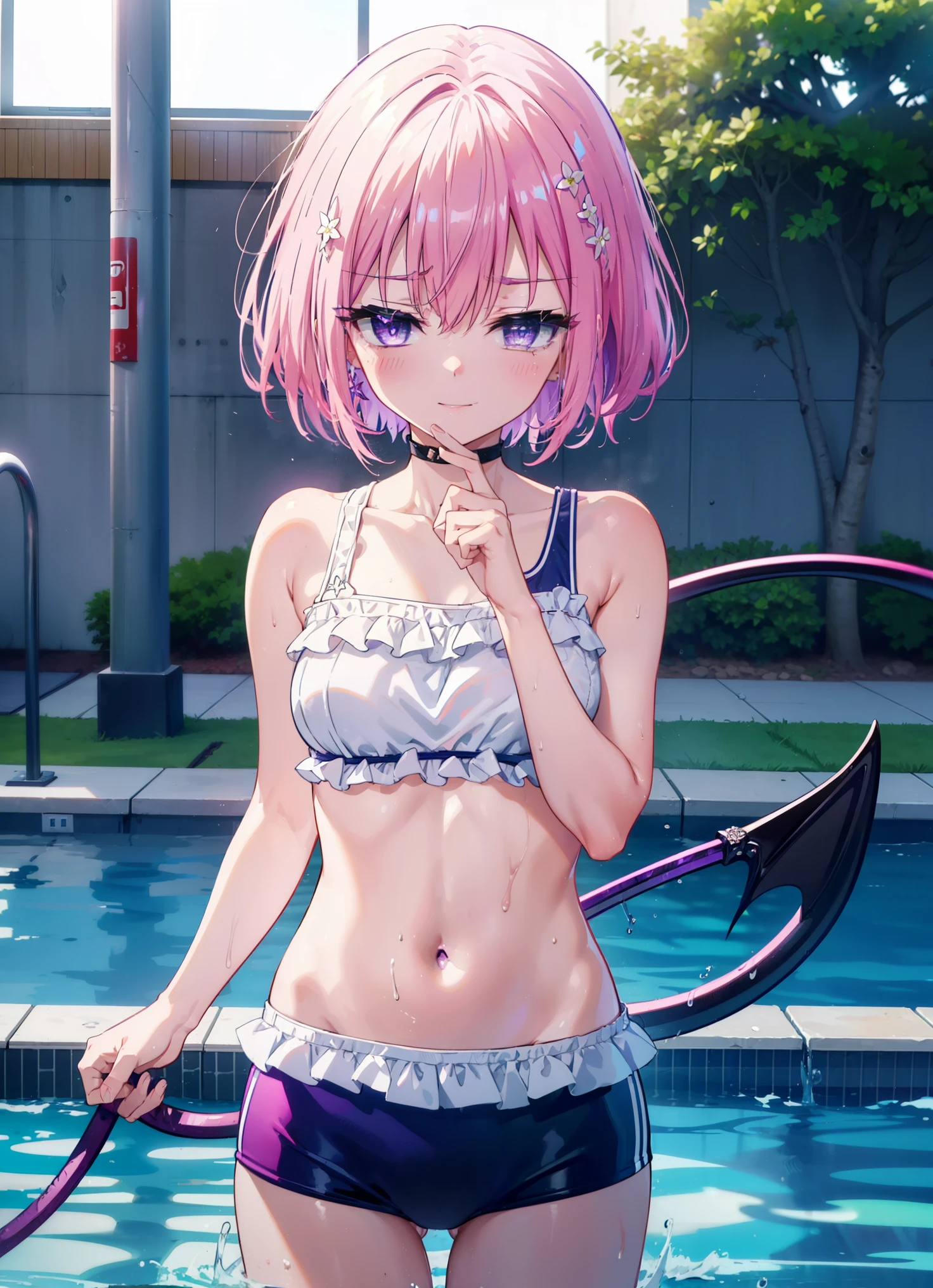 momomodel Building Uke, Deviluke type, demon tail, hair flower, hair ornaments, (purple eyes:1.1), pink hair, short hair, tail, smile,happy smile, smile, open your mouth,
break demon tail, green , school swimwear,wet hair,wet skin,barefoot,noon,sunny,
break ourdoors, School　pool,
break looking at viewer, (cowboy shot:1.5),
break (masterpiece:1.2), highest quality, High resolution, unity 8k wallpaper, (shape:0.8), (beautiful detailed eyes:1.6), extremely detailed face, perfect lighting, extremely detailed CG, (perfect hands, perfect anatomy),