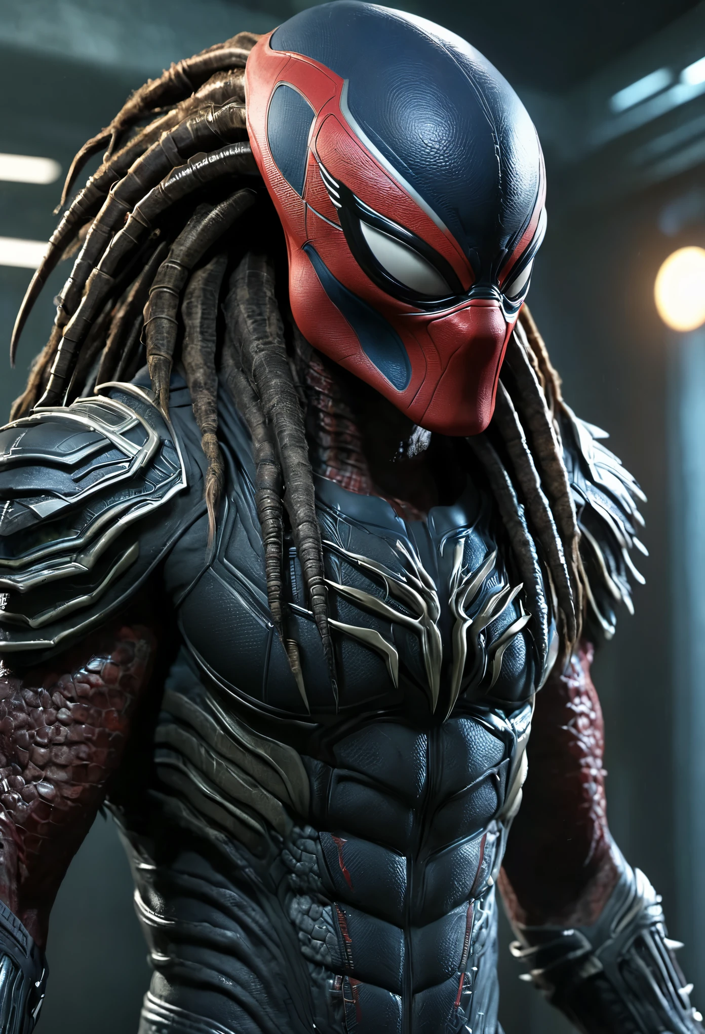 alien predator wearing spider man suit clothing, solo, male, sharp teeth, upper body, looking at viewer, photorealistic, 8k, unreal engine, inspired by HR Giger, half body portrait, highly detailed,