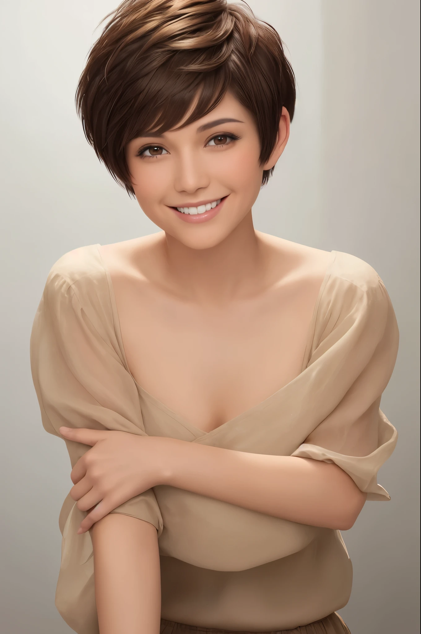 Very short pixie cut  brown hair smile