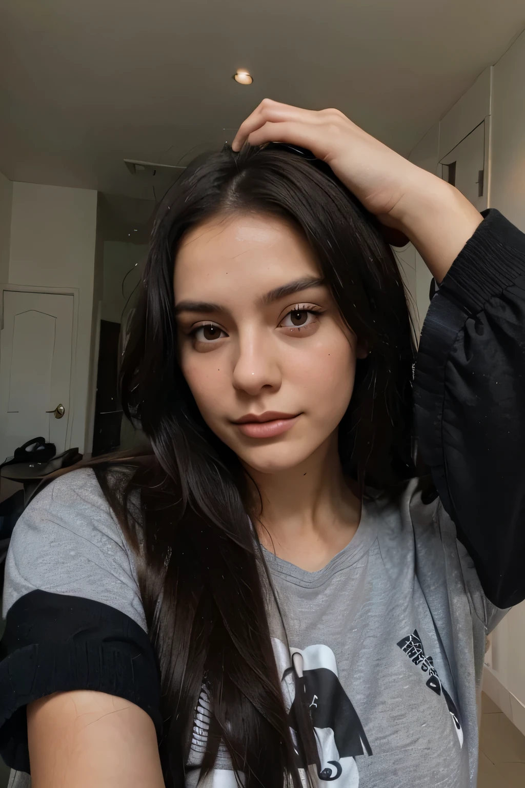 young woman, dark hair, takes a selfie with one hand on top of his head