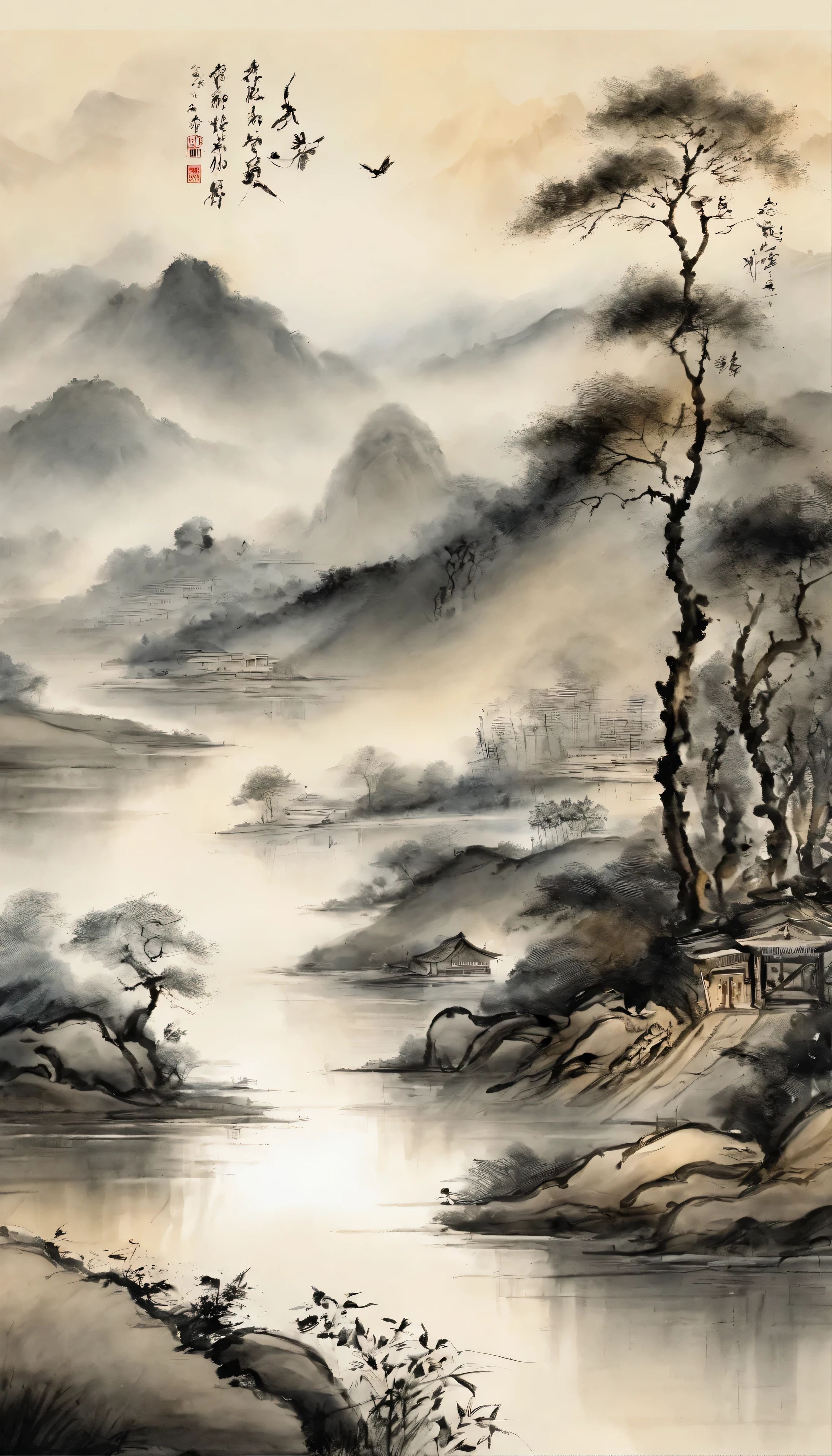 Chinese landscape painting，ink and watercolor painting，water ink，inky，Smudge，Faraway view，Ultra-wide viewing angle，meticulous，Diagram of 5 cows，Five scalpers，River side，Small stone bridge，grass field，The tree，The view is the mountains，（8k wallpaper），（Light and shadow effects），rendering by octane，White Balance Design，Highly detailed image depiction，wide angles，depth of fields，tmasterpiece，realisticlying，Beautifully depicted，A detailed，acurate，Works of masters，tmasterpiece