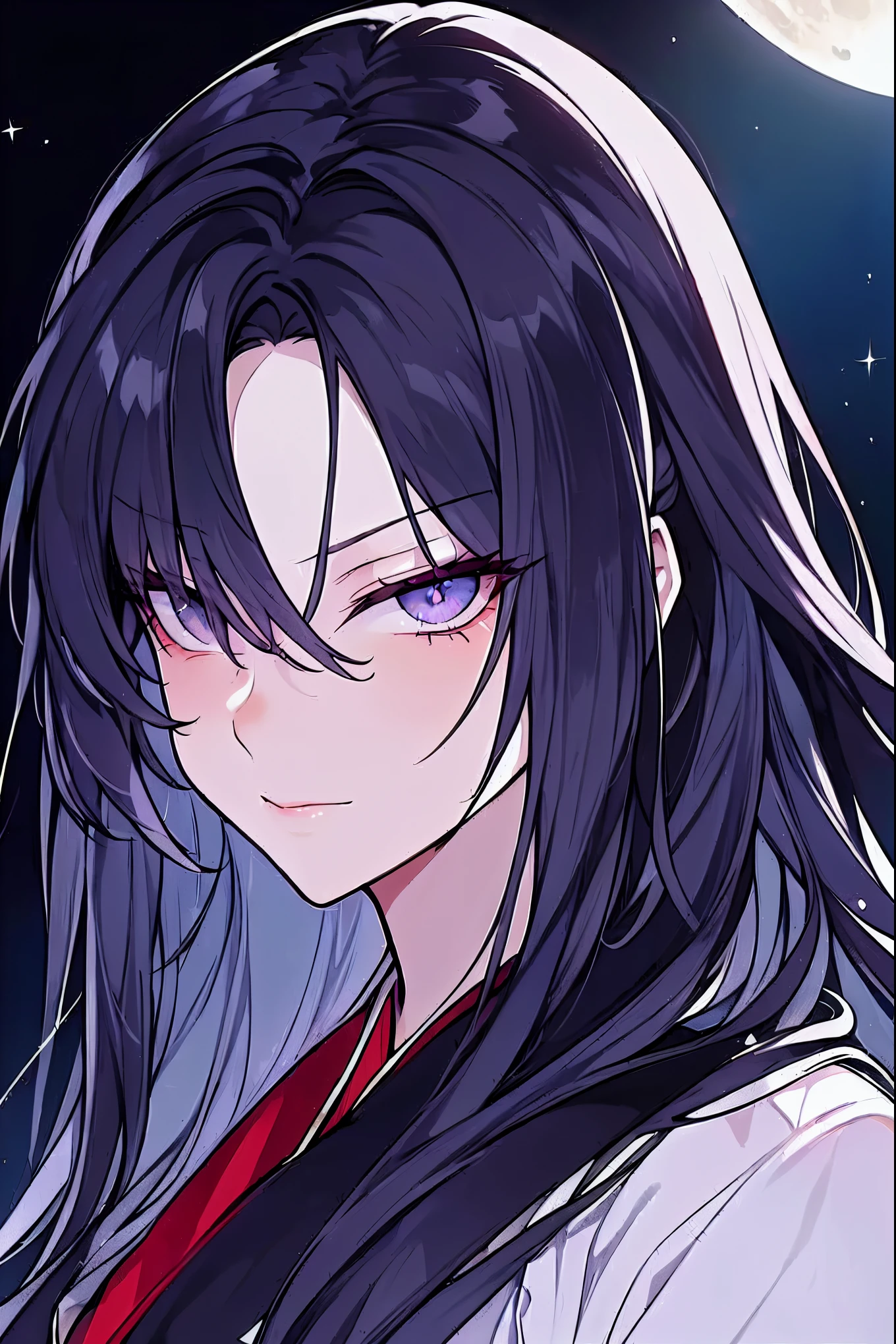 (extremely detailed 8K wallpaper),(ultra-detailed),(best quality),(masterpiece),(highly detailed),(cinematic lighting),(Original),Cold ligh，moody,(Chinese elaborate-style painting ),ink style，1girl,purple clothes，black eyes，long black hair,((Eyes sparkling in the moonlight)),(((villain image))),((Sinister expression))