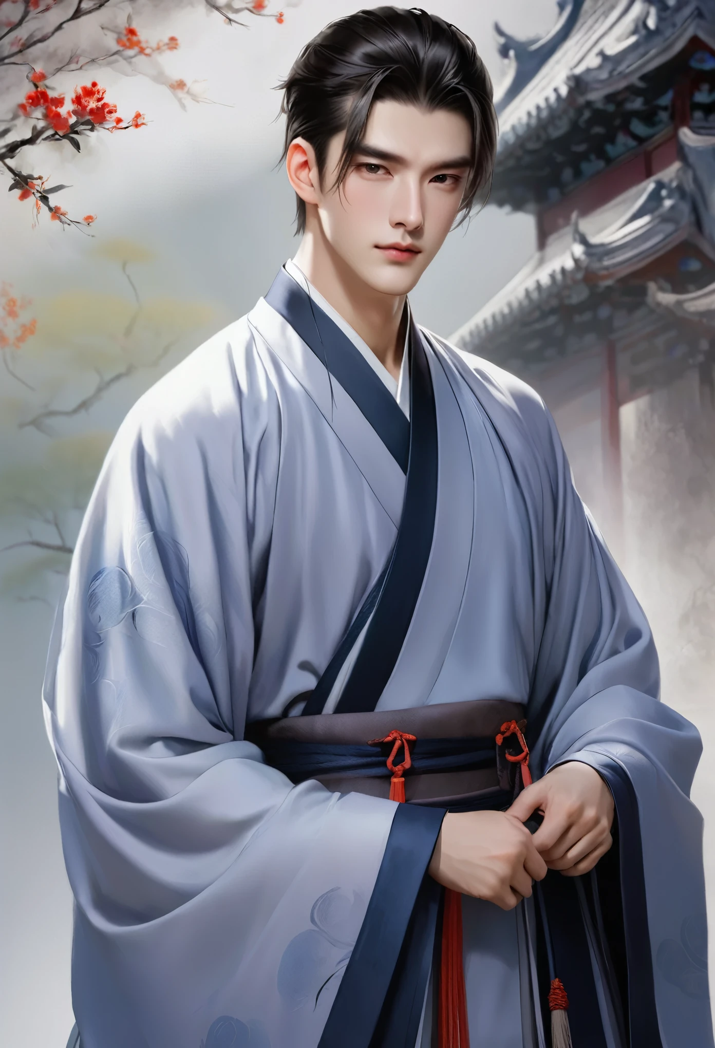 warrior，young man、juvenile、short hair、Hanfu，robe，Handsome Face Shape，handsome man、lively