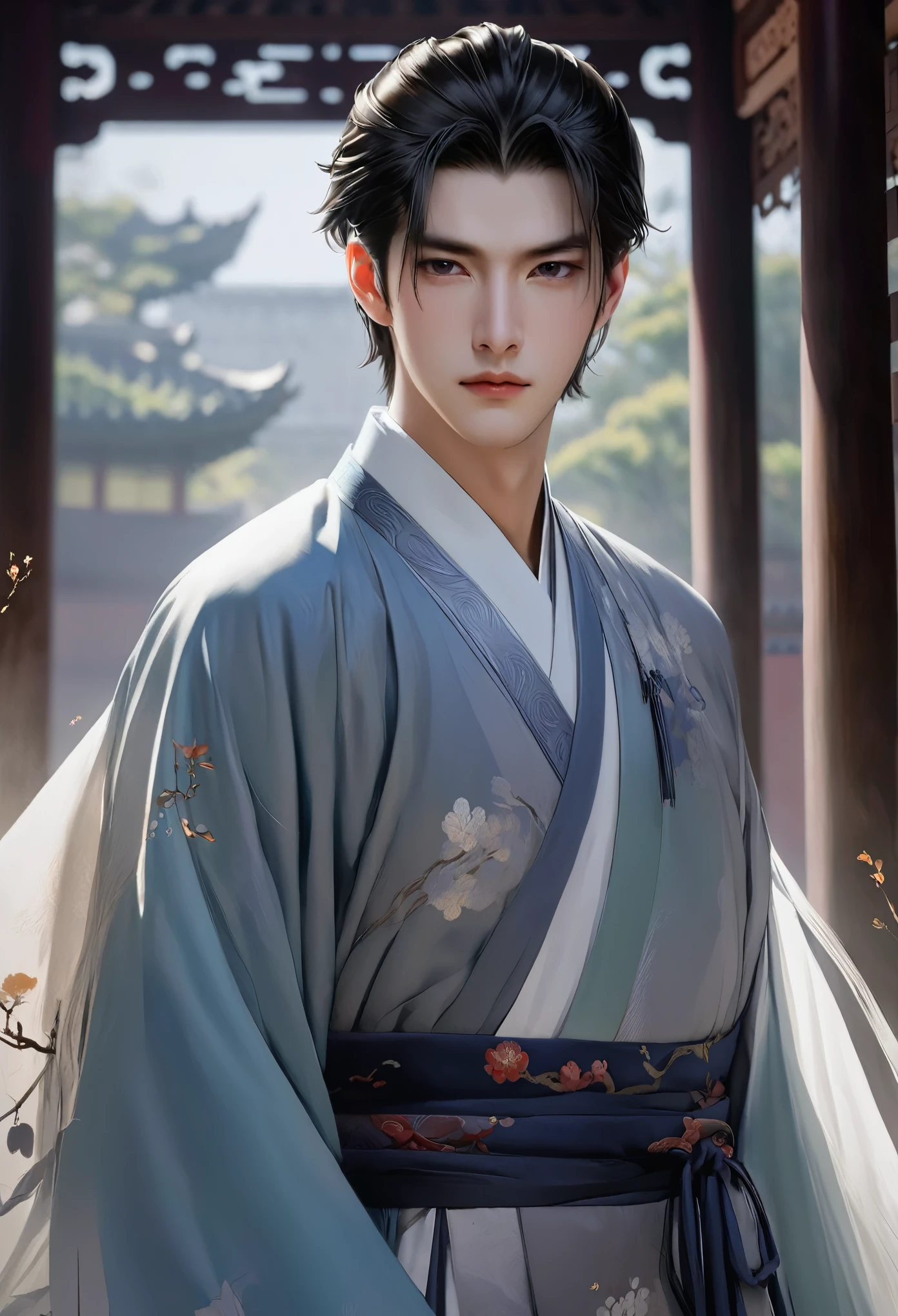 warrior,young man、juvenile、short hair、Hanfu,robe,Handsome Face Shape,handsome man、lively