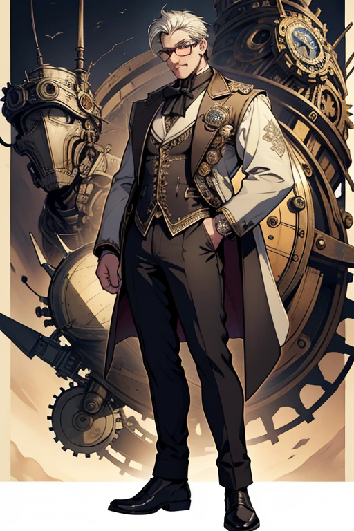 Steampunk illustration, intricately crafted with gears of all shapes and sizes, their metallic textures gleaming in the light. Schematic diagrams overlaid the scene, adding an intellectual and complex layer to the image. In the foreground, a full-body portrait of an inventor is depicted. He dons a pair of goggles, adjusting them with a satisfied expression as he gaze upon his latest creation: a prototype robot. The Victorian era aesthetic is evident in the clothing, with the inventor wearing a tailored suit and vest, complete with brass buttons and intricate pocket watches. In the background, airships sailed through the sky, their massive forms dwarfing the invention below