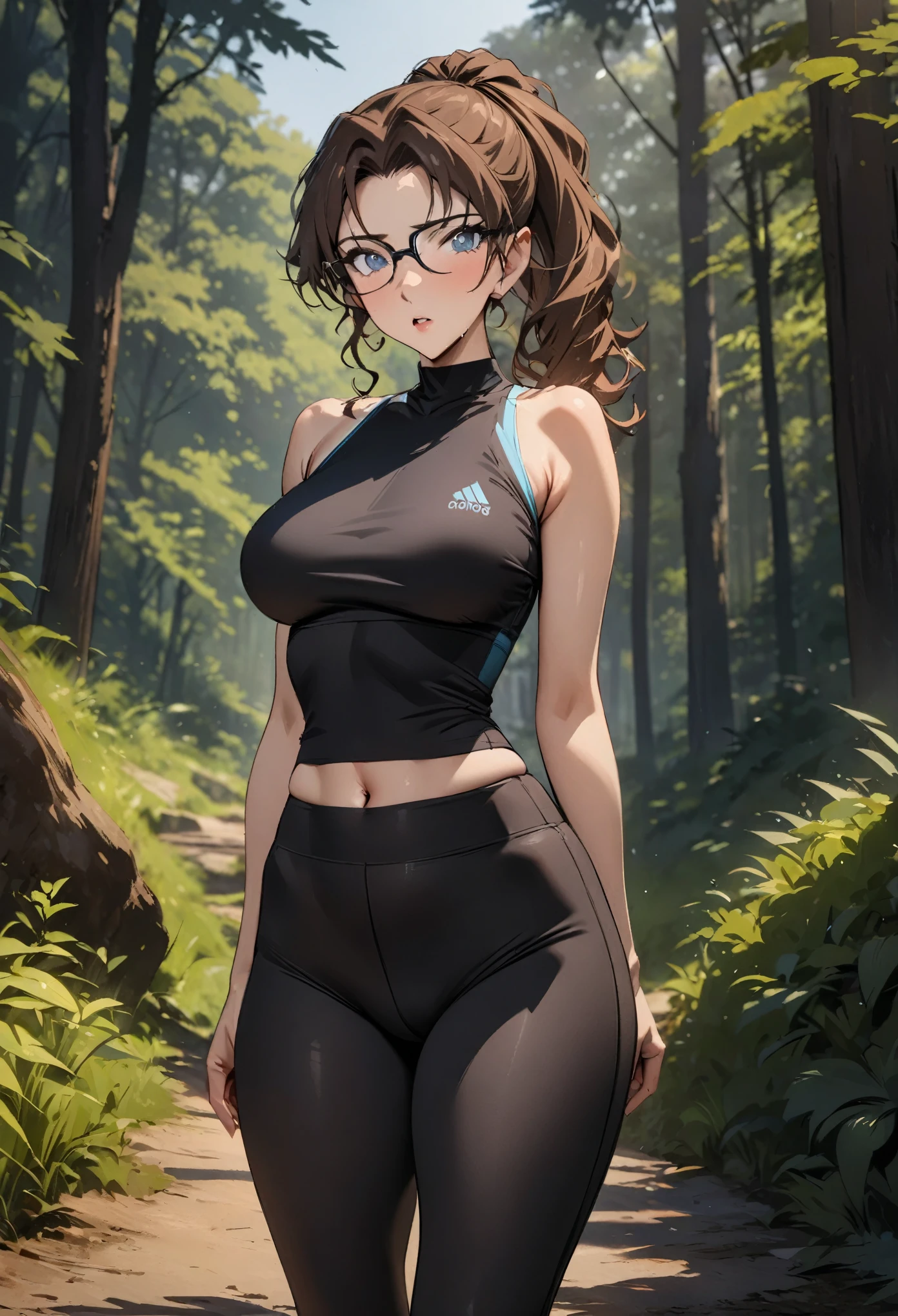 (best quality,highres,masterpiece:1.2),outdoor,yoga pants in light blue,beautiful woman,modern,natural landscape,full-body shot,perfect figure,forest path,brown hair,girl with glasses