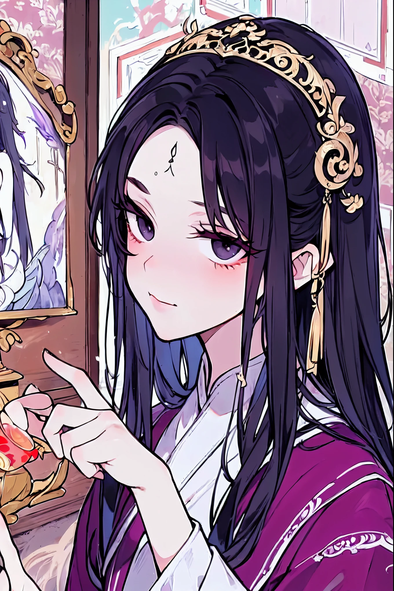 (extremely detailed 8K wallpaper),(ultra-detailed),(best quality),(masterpiece),(highly detailed),(cinematic lighting),(Original),Cold ligh，moody,(Chinese elaborate-style painting ),ink style，1girl,purple clothes，black eyes，long black hair