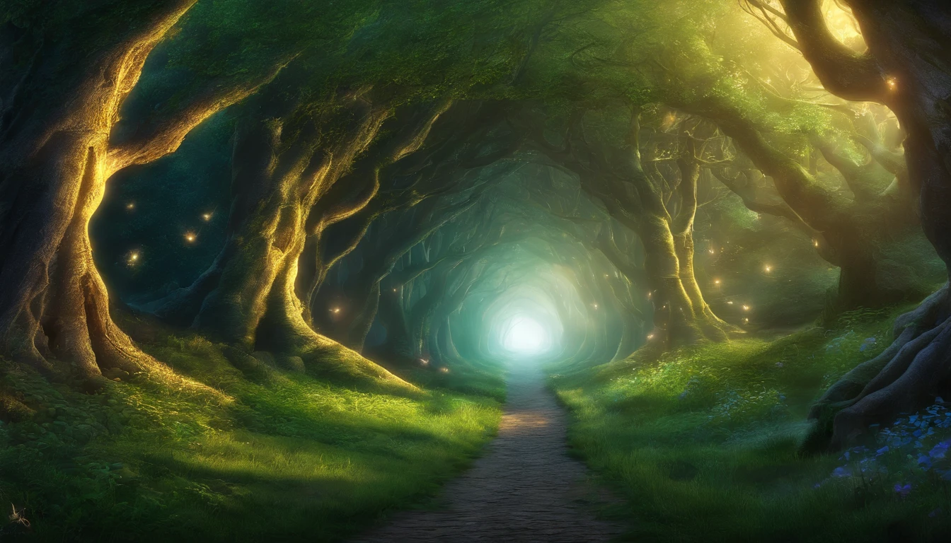 Tunnel of Trees: A magical night forest, the forest paths become tunnel-like passages covered with small trees and low branches, the moonlight shining through them and illuminating the ground, creating a mysterious scene, One-person viewpoint, Super Detail, high details, High quality, 8K