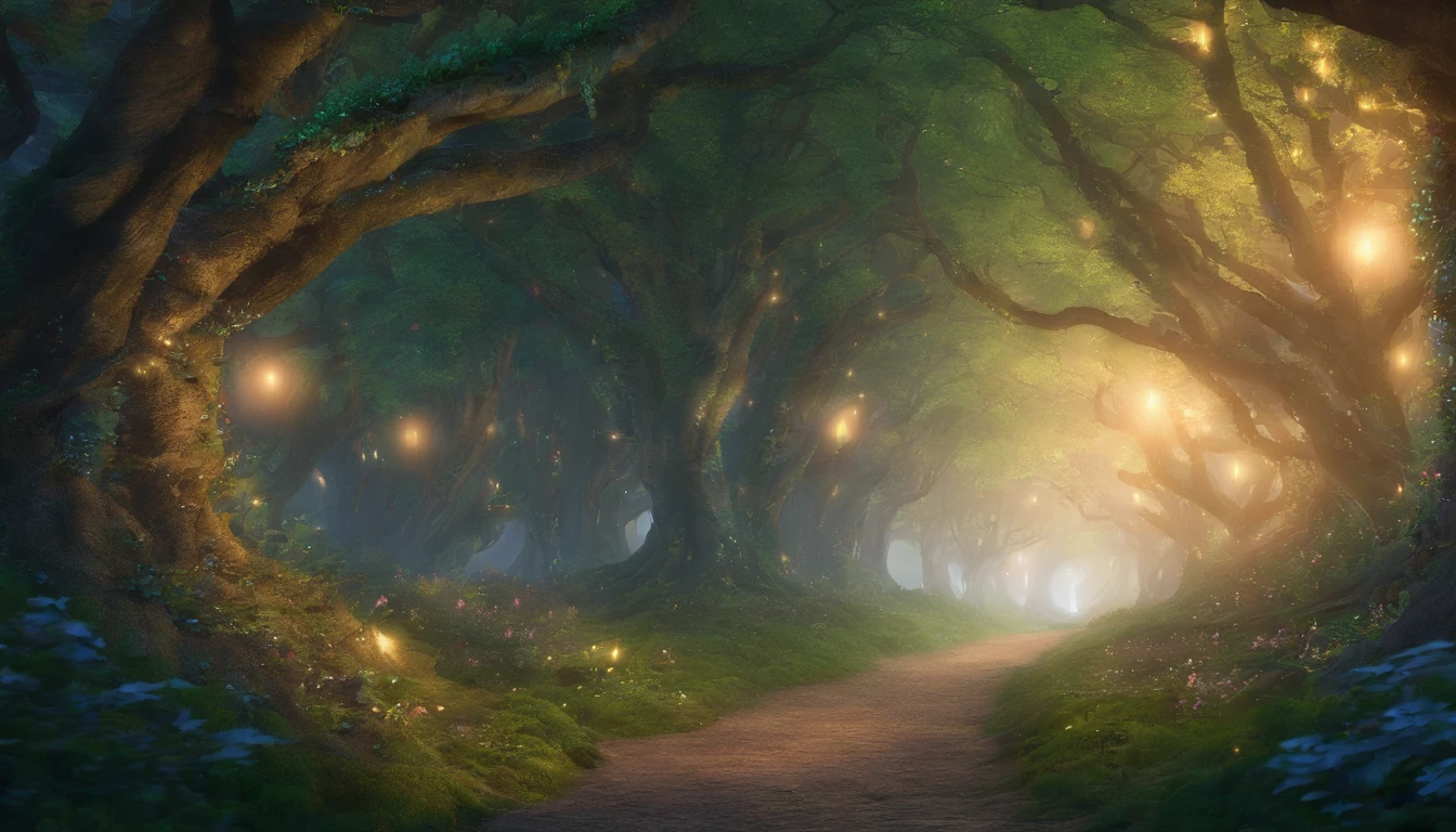 Tunnel of Trees: A magical night forest, the forest paths become tunnel-like passages covered with small trees and low branches, the moonlight shining through them and illuminating the ground, creating a mysterious scene, One-person viewpoint, Super Detail, high details, High quality, 8K