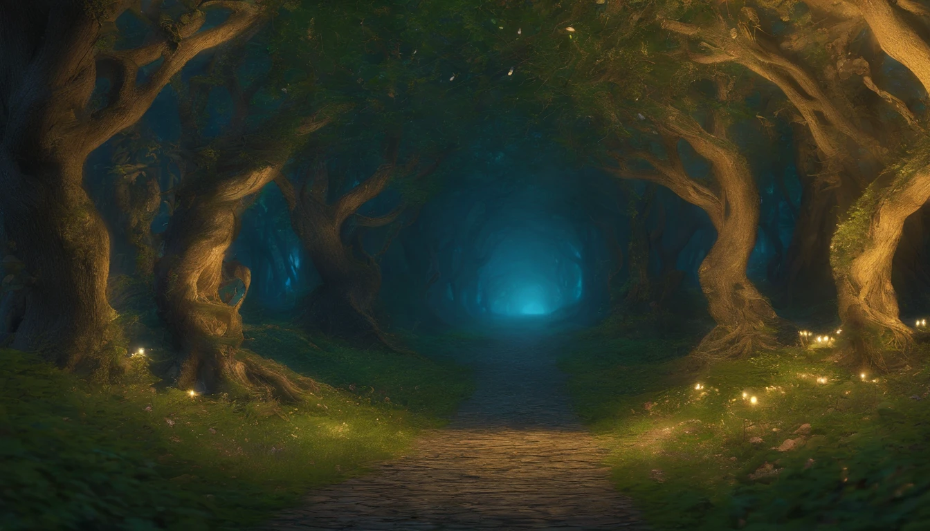 Tunnel of Trees: A magical night forest, the forest paths become tunnel-like passages covered with small trees and low branches, the moonlight shining through them and illuminating the ground, creating a mysterious scene, One-person viewpoint, Super Detail, high details, High quality, 8K