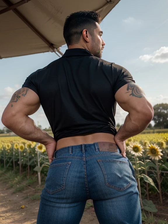 30 years, ojos grandes, hombre chino, rastrojo, pulgada blanca, huge muscles, exaggerated muscles, hombre maduro, muscle swelling, culturismo, Musculos pectorales, abdominales, muy nalgon , en un campo de flores de girasol, Muchos girasoles, chaqueta y chaleco, vaqueros, zapatillas, luz natural, collar de metal, piel color trigo, 1 hombre, de pie, aretes de hombre, tatuajes, Bubble butt, jeans ajustados, backside, bent over manly bent over jeans two men