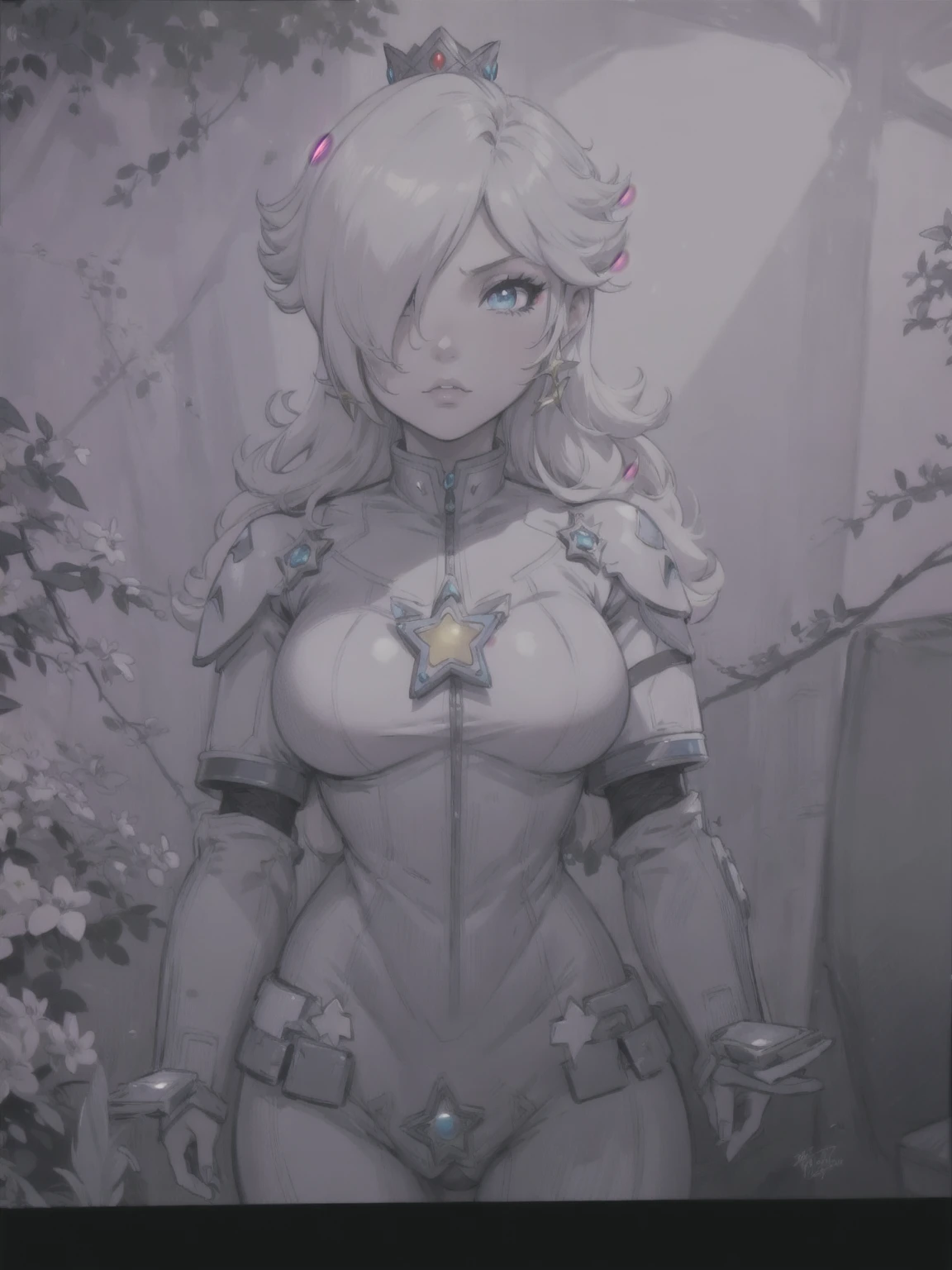 a milf rosalina in a space suit with a star on her chest, star guardian inspired, portrait of a curvy female anime hero, outlined!!!, line art!!, female protagonist, concept art!!, detailed fanart, body suit armor girl,
