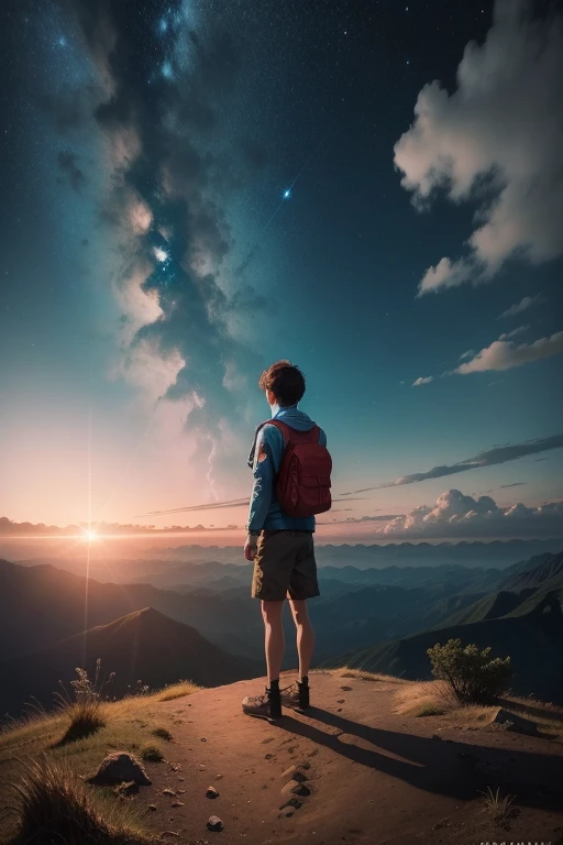 Alon boy,heart broken,standing mountain,watch sky,night