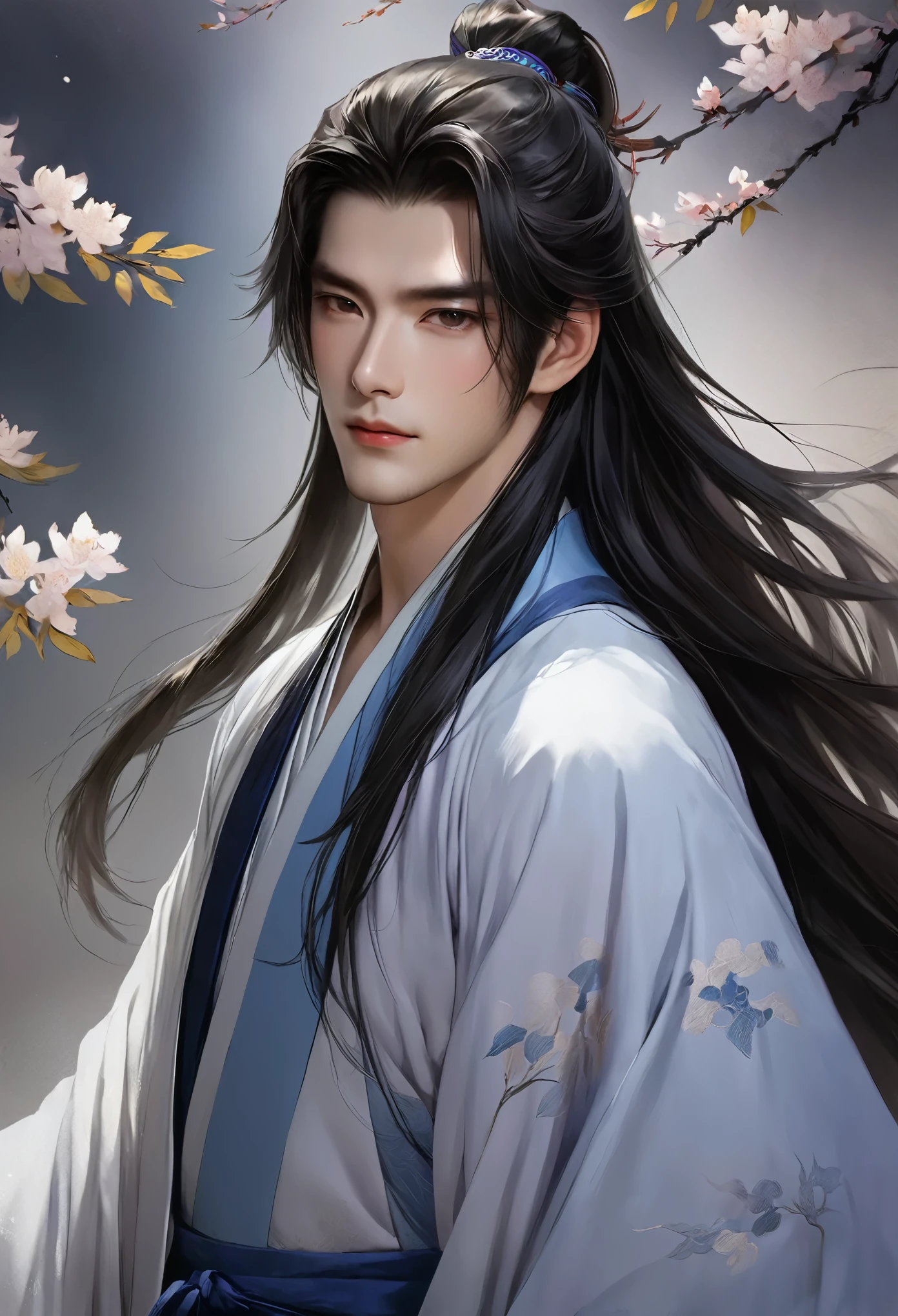 warrior，young man、juvenile、long hair，Hanfu，robe，Handsome Face Shape，handsome man、lively
