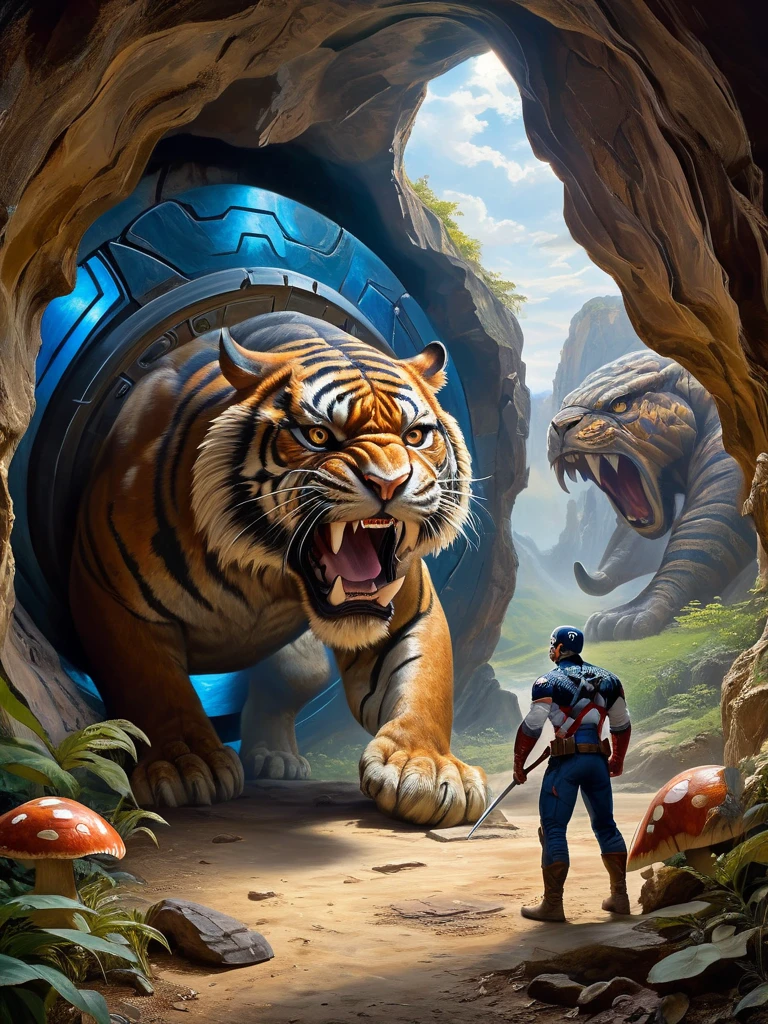 surreal photorealistic oil and canvas painting of prehistoric dude examines Captain America's vibranium shield in front of his Cave with curious and wonder, detailed face expression, insanely detailed and intricate prehistoric landscape background, with a saber-toothed tiger observing from afar, including cave paintings on the walls and bioluminescent mushrooms in the cave, with constellations visible through an opening in the cave ceiling