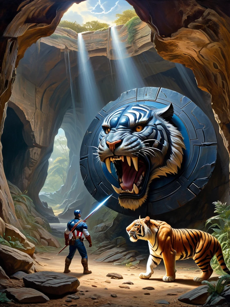 surreal photorealistic oil and canvas painting of prehistoric dude examines Captain America's vibranium shield in front of his Cave with curious and wonder, detailed face expression, insanely detailed and intricate prehistoric landscape background, with a saber-toothed tiger observing from afar, including cave paintings on the walls and bioluminescent mushrooms in the cave, with constellations visible through an opening in the cave ceiling