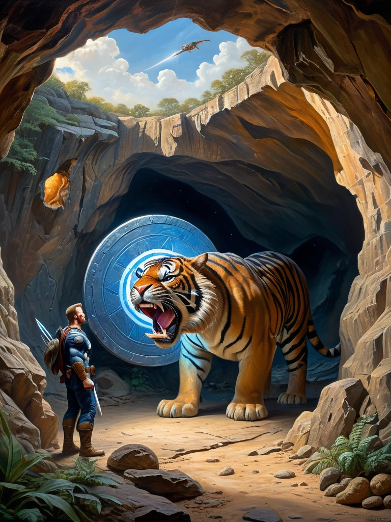 surreal photorealistic oil and canvas painting of prehistoric dude examines Captain America's vibranium shield in front of his Cave with curious and wonder, detailed face expression, insanely detailed and intricate prehistoric landscape background, with a saber-toothed tiger observing from afar, including cave paintings on the walls and bioluminescent mushrooms in the cave, with constellations visible through an opening in the cave ceiling