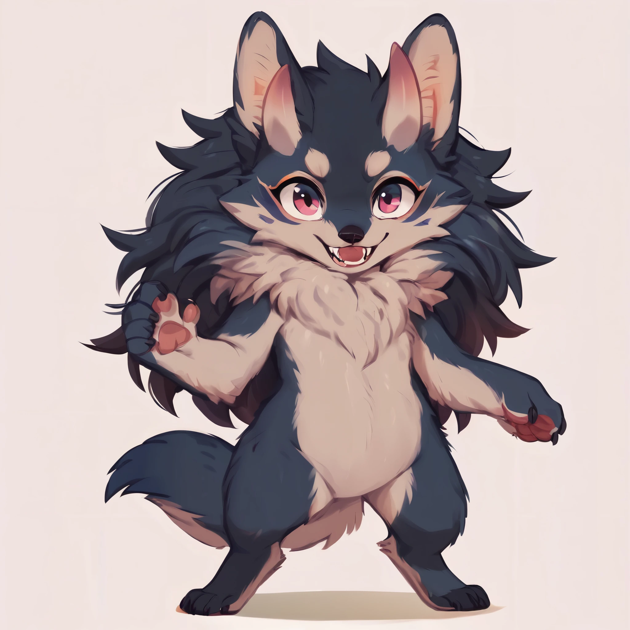 score_9, score_8_up, score_7_up, score_6_up, score_5_up, score_4_up, show accurate, (((full body))), hungry body, simple background, (solo), (semi anthro wolf), female, teenage wolf, body cub, ((standing)), dark pink eyes, ((dark blue fur)), (ocean blue chest), (blue snout), (ultrafine fur), (neck covered by mane), (oni horns), ((fuchsia pink color oni horns)), (short and straight hair), (black hair), wolf tail, looking at the viewer, fingers,