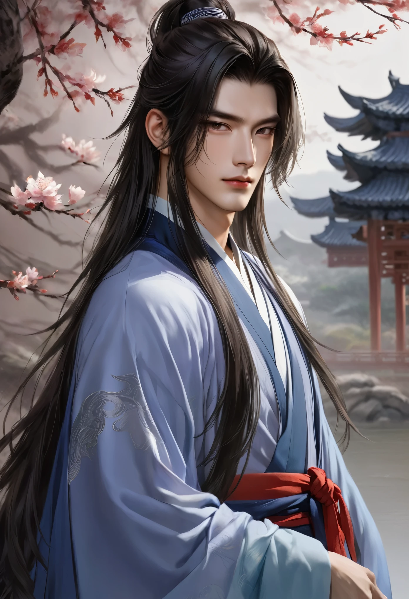 warrior,young man、juvenile、long hair,Hanfu,robe,Handsome Face Shape,handsome man、lively