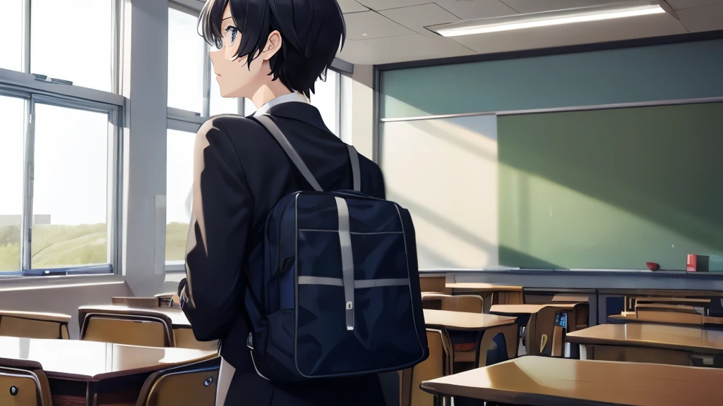 male、18 year old high school student、short hair、serious、classroom、Taking something out of a bag