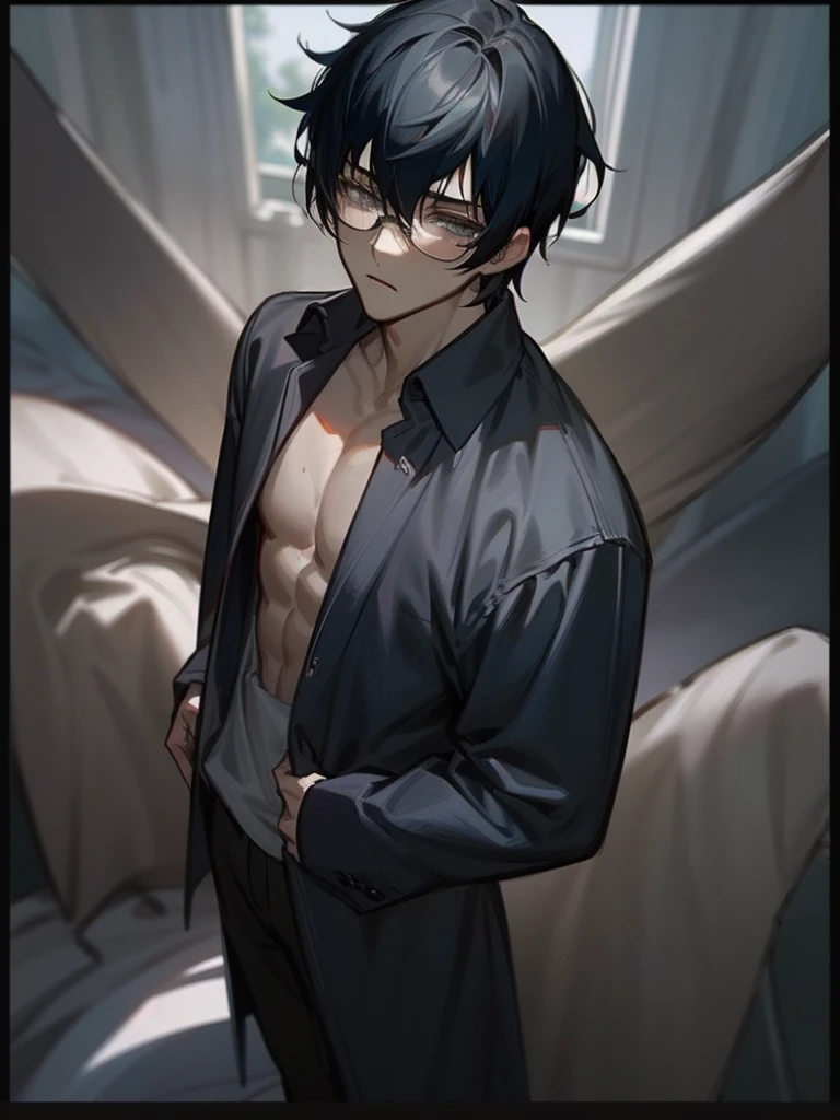 (masterpiece), (best quality), black hair men, glasses, student, student uniform, in classroom, majestic, ethereal, handsome men, tall, beautiful eyes, stunning, detailed eyes, young adult, magnificent background, (1men), soft light, gentle, elegant men, cinematic scenery, (1person), (solo men), (short hair), (manly face), luxurious, solo men, full body, (full body), (classroom)