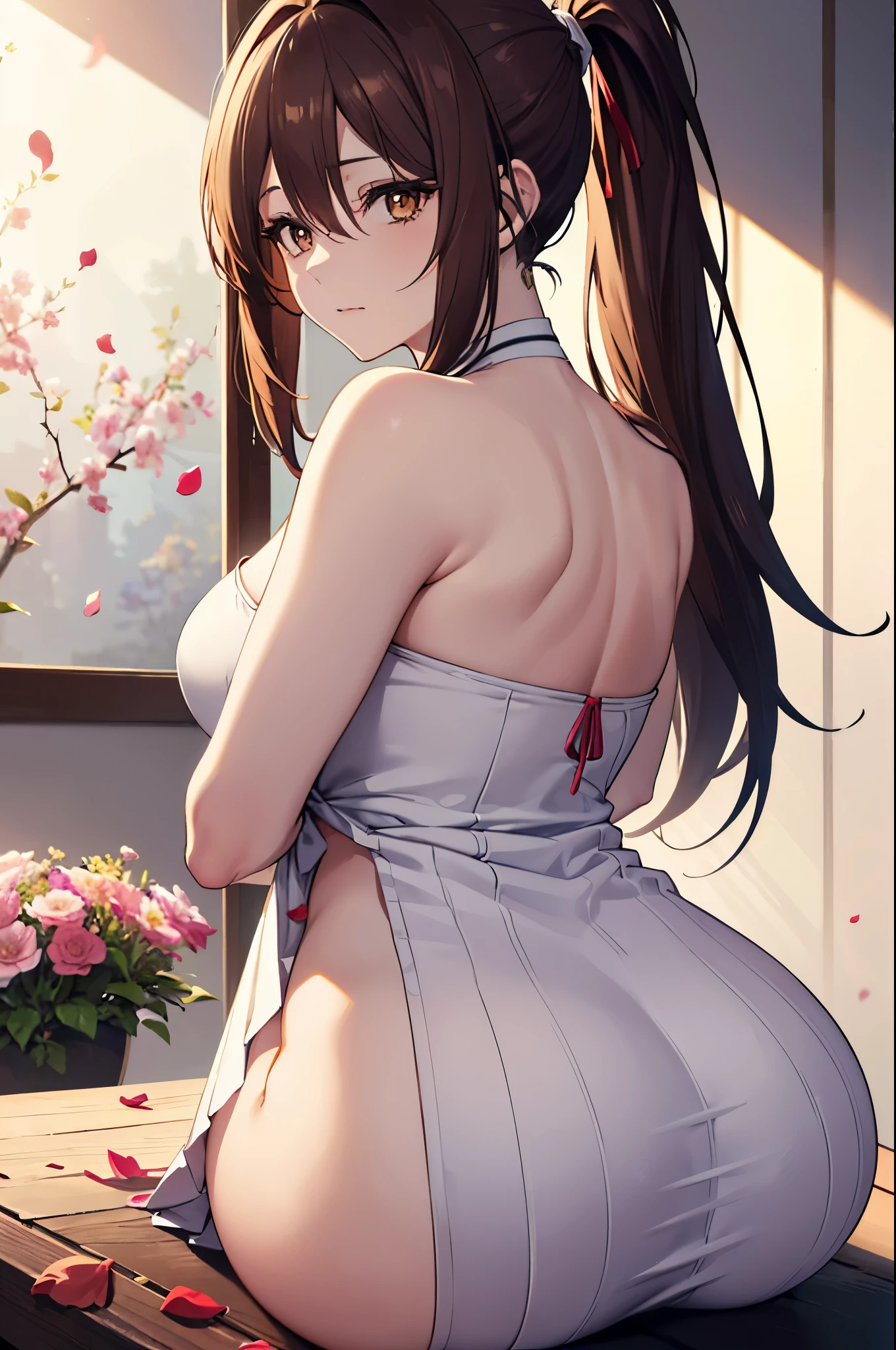 Realistic image, detailed image, coherent image. 1 beautiful girl. She has long hair, styled in a ponytail, brown hair. Honey brown eyes, with long eyelashes. Sensual expression. She is dressed in a strapless top and a pleated mini skirt. She has a curvy body, medium breasts and thick thighs. She is on her knees with her buttocks raised. View from behind. Arching her back. In a room, surrounded by flower petals. Soft focus, Dramatic shadows, Volumetric lighting, natural lighting,
