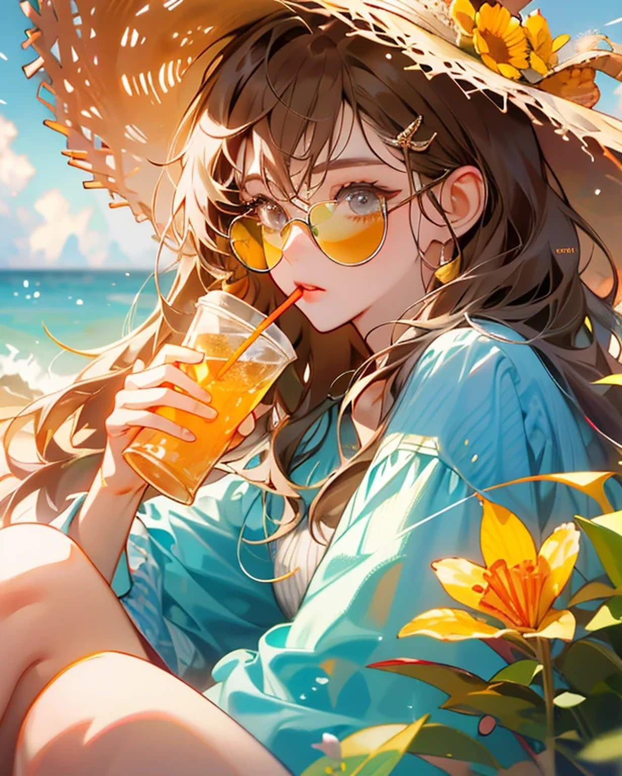 absurdres, highres, ultra detailed, 1girl, solo, extremely detailed eyes, starfish, seashell, shell, flower, hat, hair ornament, jewelry, straw hat, hat flower, drinking straw, hairclip, tinted eyewear, yellow flower, bangs, cup, long hair, food, brown hair, shell hair ornament, knee shot, sea side beach, depth of field,