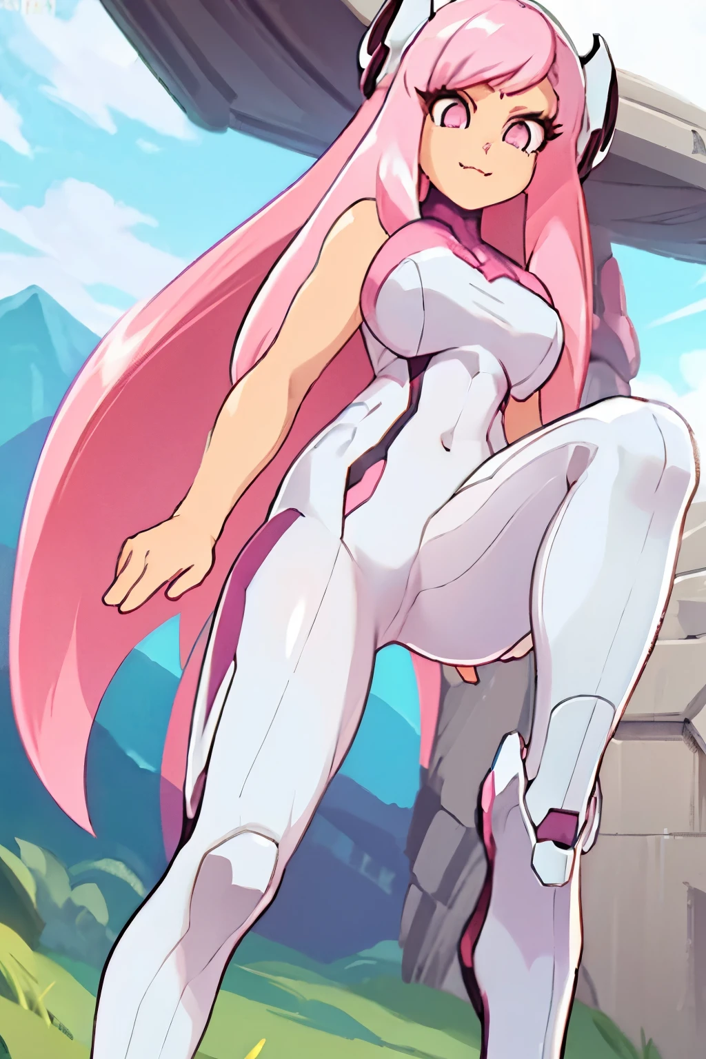 full body picture Unreal Engine 5 8K UHD of beautiful girl, Long pink hair, wearing futuristic white tight battle suit , white jacket, grass green mountain light details, Best quality, masterpiece, nice female curves，Pink eyes,frontage, happy face, cute anime face, cute, beautiful bright pink hair, very long hair, big eyes, glowing pink eyes, small breasts,