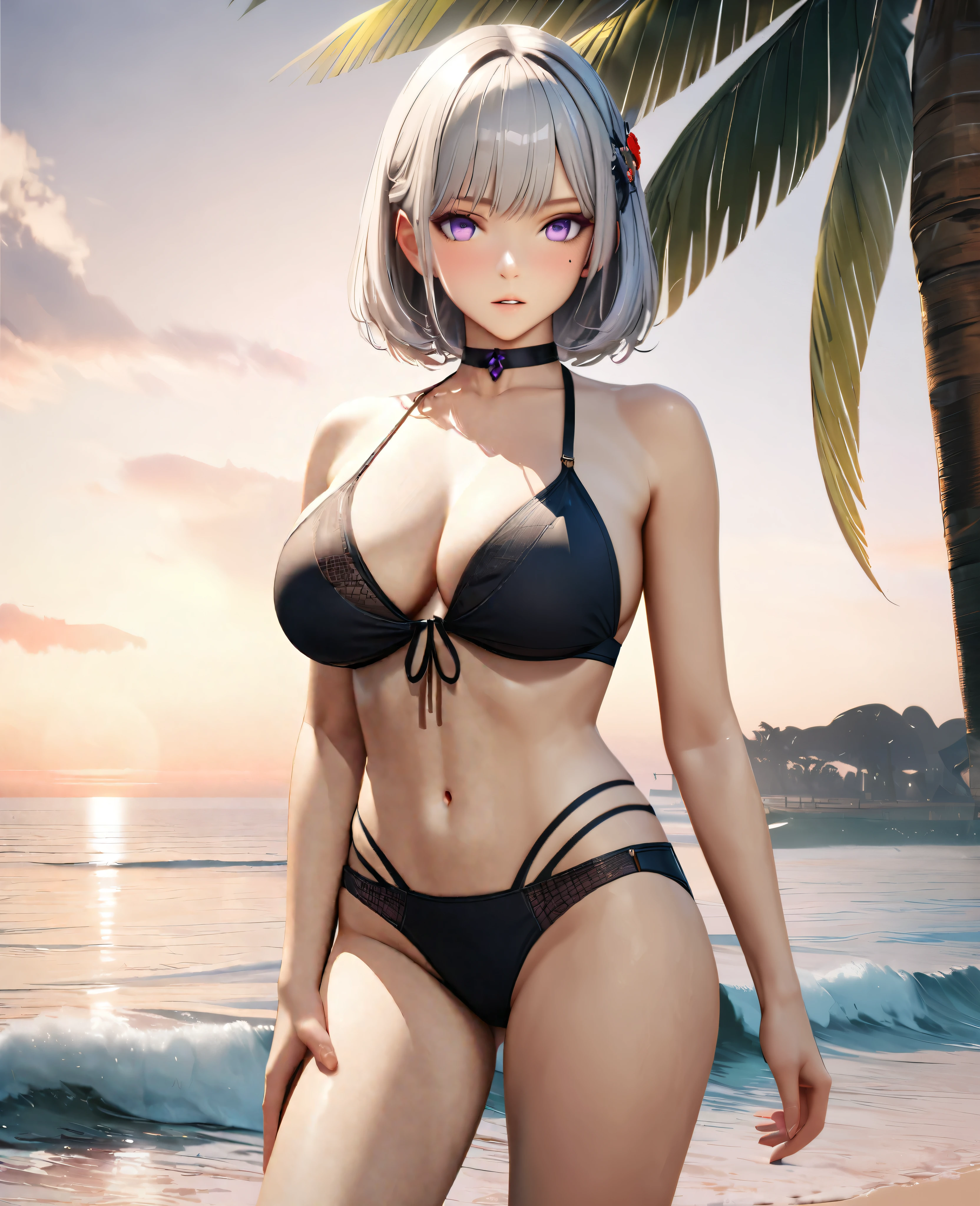 Masterpiece, Best Quality, Super Detailed, High Definition, Expensive Resolution, HDR, 4k, 8K, Unity 8k Wallpaper, Super Detailed CG, Masterpiece, Realistic, 2D, 3D, Beautiful Details, Depth, Fine Texture, Super Fine: 1.3, Full concentration, crispy skin, him, very cute anime girl, bikini, expensive silver short hair, one girl, palm tree, seaside, silver short hair, bikini,Big breasts, full body, mole under the eye, glance, expensive, blush, parted lips, hair ornament, heart, purple eyes, choker