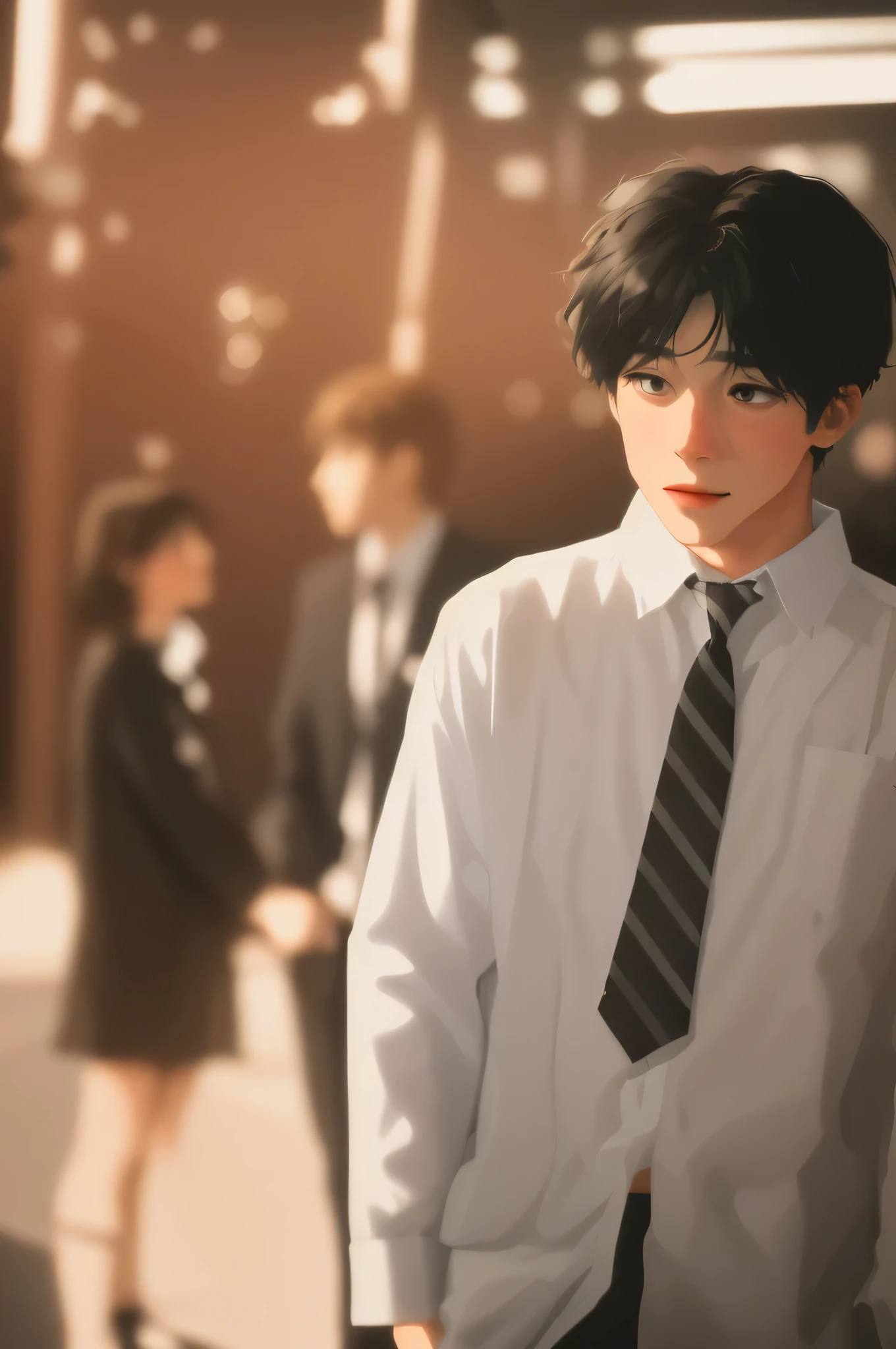 A man wearing a tie is standing on the street, After that, the girl I like is holding hands with a different guy...Still starring in live action movies, scene from live action movie, Jaehyun Jeong,vivid colors, soft focus, light leak, dreamy atmosphere, experimental charm, Nostalgic charm BREAK color field painting, various colors, abstract expressionism, Bold colors, emotional impact, atmospheric depth, A minimalist approach to relaxation,  Pretty Woman, UHD (ultra detail) Looking at viewers wearing hip-hop style streetwear, different, fancy, long, dark dyed hair 🌈, dark clothes, White stardust in dark areas, absurd, high resolution, very detailed, vivid colors, soft focus, light leak, dreamy atmosphere,