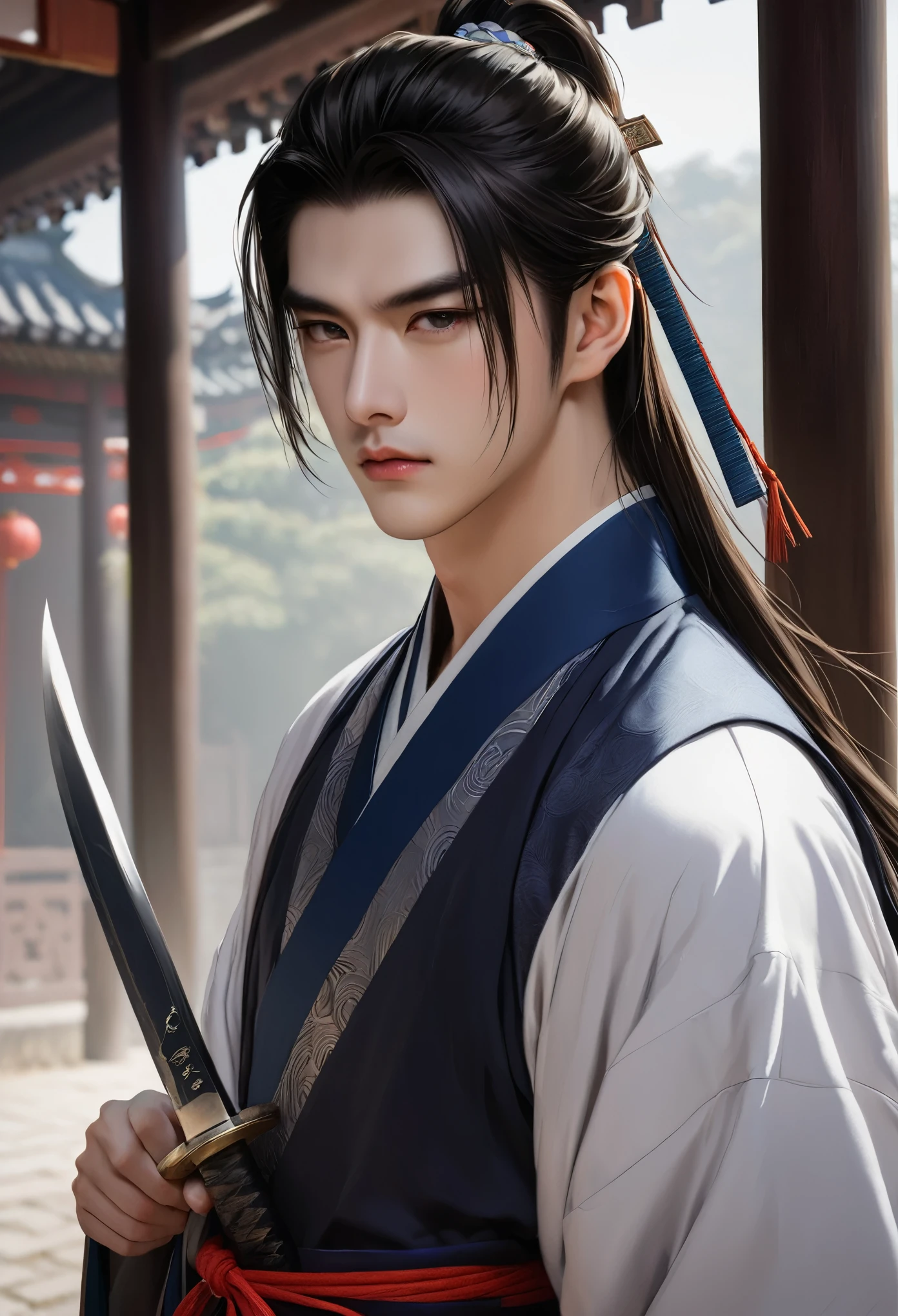 warrior,young man、juvenile、knife、Hanfu,robe,Handsome Face Shape,handsome man、lively