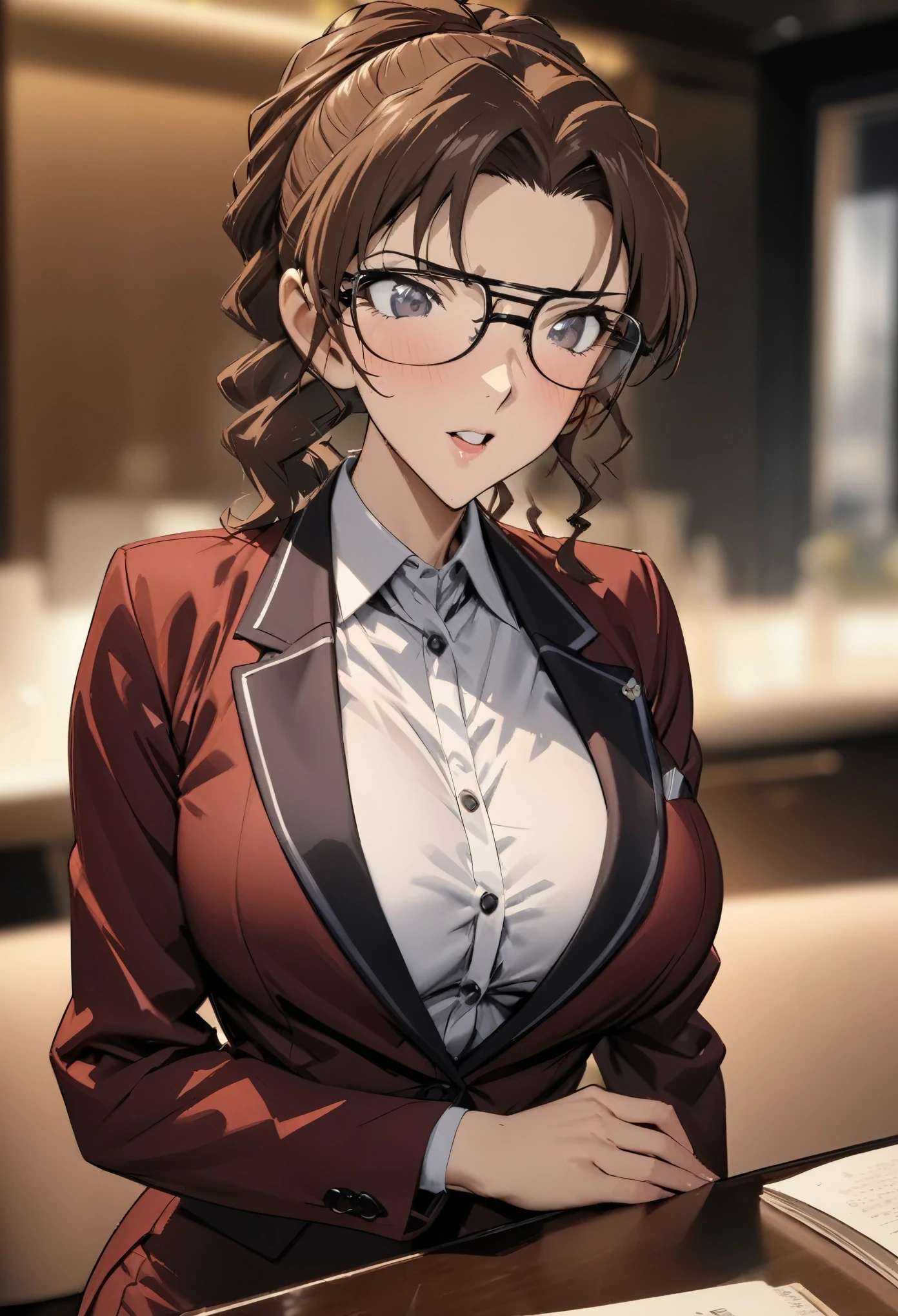 beautiful lawyer (best quality,masterpiece:1.2), perfect figure, with glasses, ultra clear, ultra detailed, depth of field, brown hair, charismatic, 36 years old