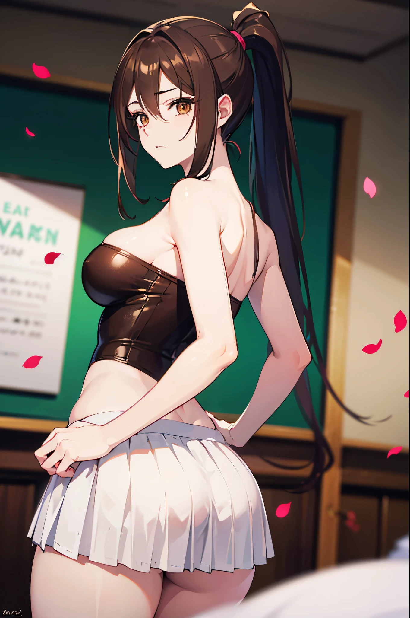 Realistic image, detailed image, coherent image. 1 beautiful girl. She has long hair, styled in a ponytail, brown hair. Honey brown eyes, with long eyelashes. Sensual expression. She is dressed in a strapless top and a pleated mini skirt. She has a curvy body, medium breasts and thick thighs. She is on her knees with her buttocks raised. View from behind. Arching her back. In a room, surrounded by flower petals. Soft focus, Dramatic shadows, Volumetric lighting, natural lighting,