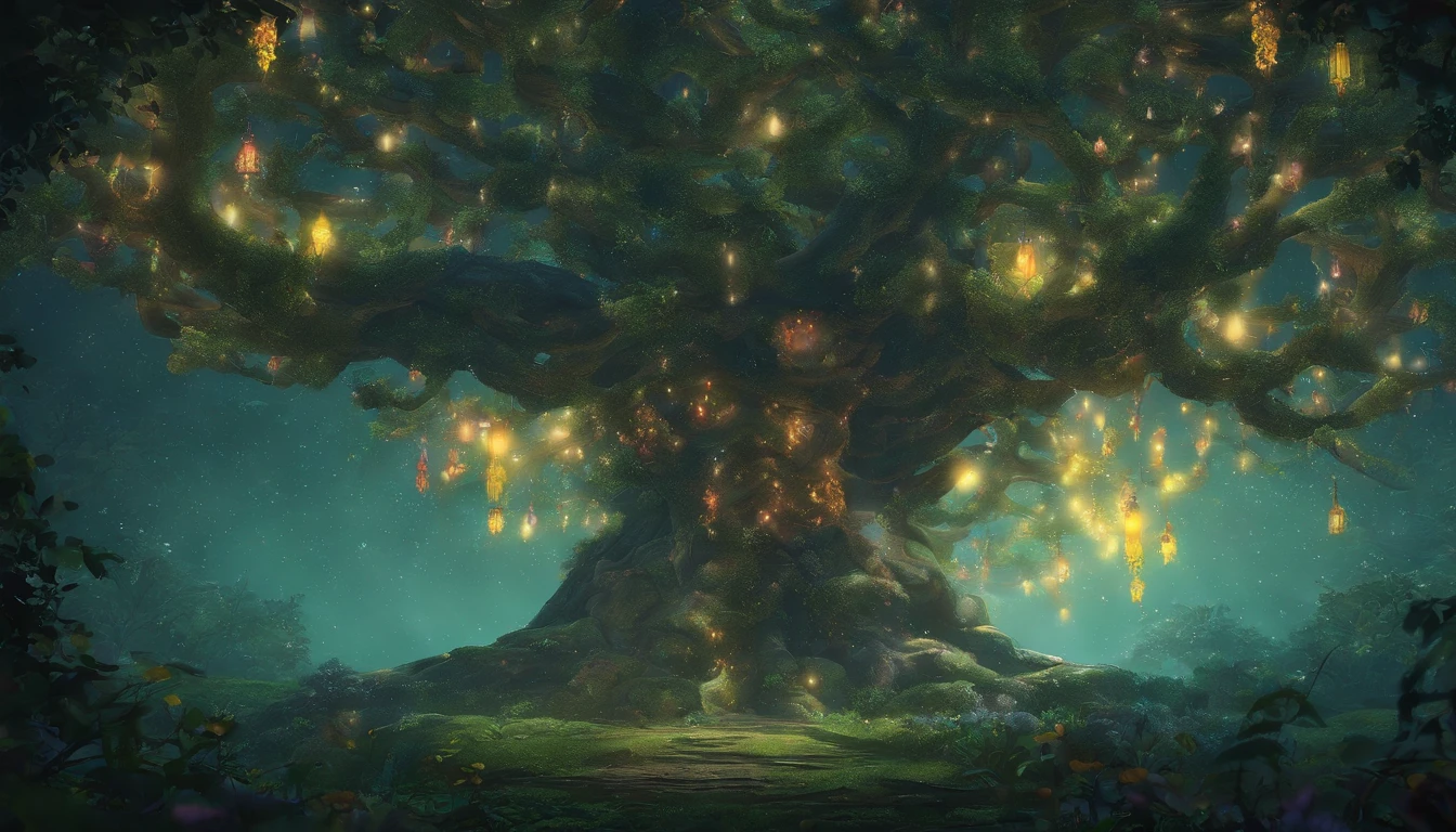 The fantastical and huge Tree of Life before my eyes、night forest、Pale moonlight trees々The light shines through the gaps, creating a fantastic pattern of light and shadow.、The trunks and branches stand out from the surrounding darkness and cast shadows on the ground.。At the base of the tree, mysterious flowers and slightly glowing mushrooms grow, creating a mysterious atmosphere.。A forest view stretches out in the distance、highest quality, High resolution, photographっぽい、Very realistic、 very realistic、photograph、one person perspective、super detail、high detail、8K、