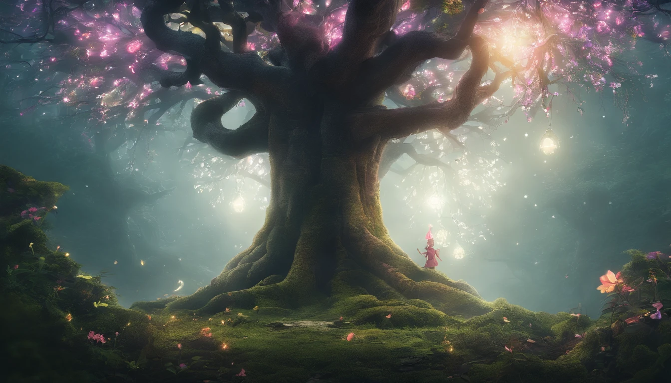 
The fantastical and huge Tree of Life before my eyes、night forest、Pale moonlight trees々The light shines through the gaps, creating a fantastic pattern of light and shadow.、The trunks and branches stand out from the surrounding darkness and cast shadows on the ground.。At the base of the tree, mysterious flowers and slightly glowing mushrooms grow, creating a mysterious atmosphere.。A forest view stretches out in the distance、highest quality, High resolution, photographっぽい、Very realistic、 very realistic、photograph、one person perspective、super detail、high detail、8K、