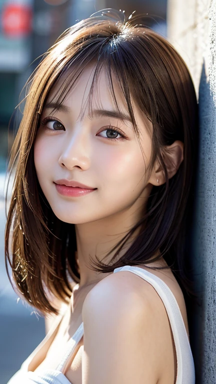 With the alleys of Kyoto in the background、18 year old girl、independent、facing forward、Light eye makeup、brown hair color、Flat 、hair blowing in the wind、quality of actress、shiny, super realistic face、smileの表情、Moist eyes、look up、calming lighting effect、 ultra-realistic capture、very detailed、High resolution 16K close-up of human skin。Skin texture must be natural、Must be detailed enough to see pores、skin is healthy、Must be even tone、Use natural light and color、High quality photos taken by a modeling agency'Exclusive photographer、smile