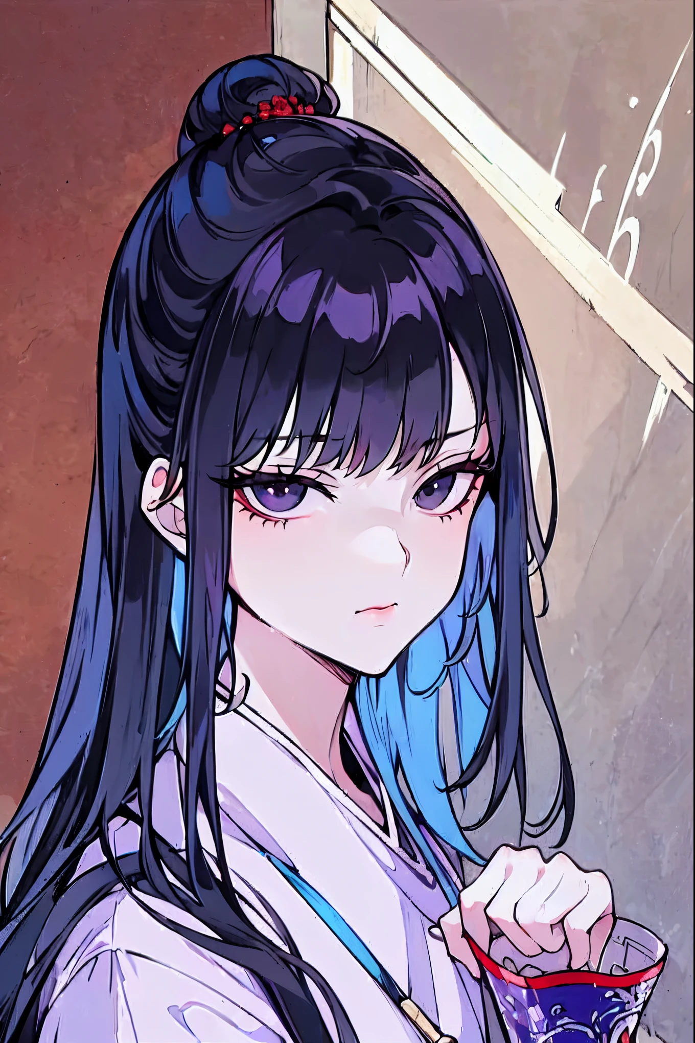 (extremely detailed 8K wallpaper),(ultra-detailed),(best quality),(masterpiece),(highly detailed),(cinematic lighting),(Original),Cold ligh,moody,(Chinese elaborate-style painting ),ink style,1girl,purple clothes,black eyes,long black hair