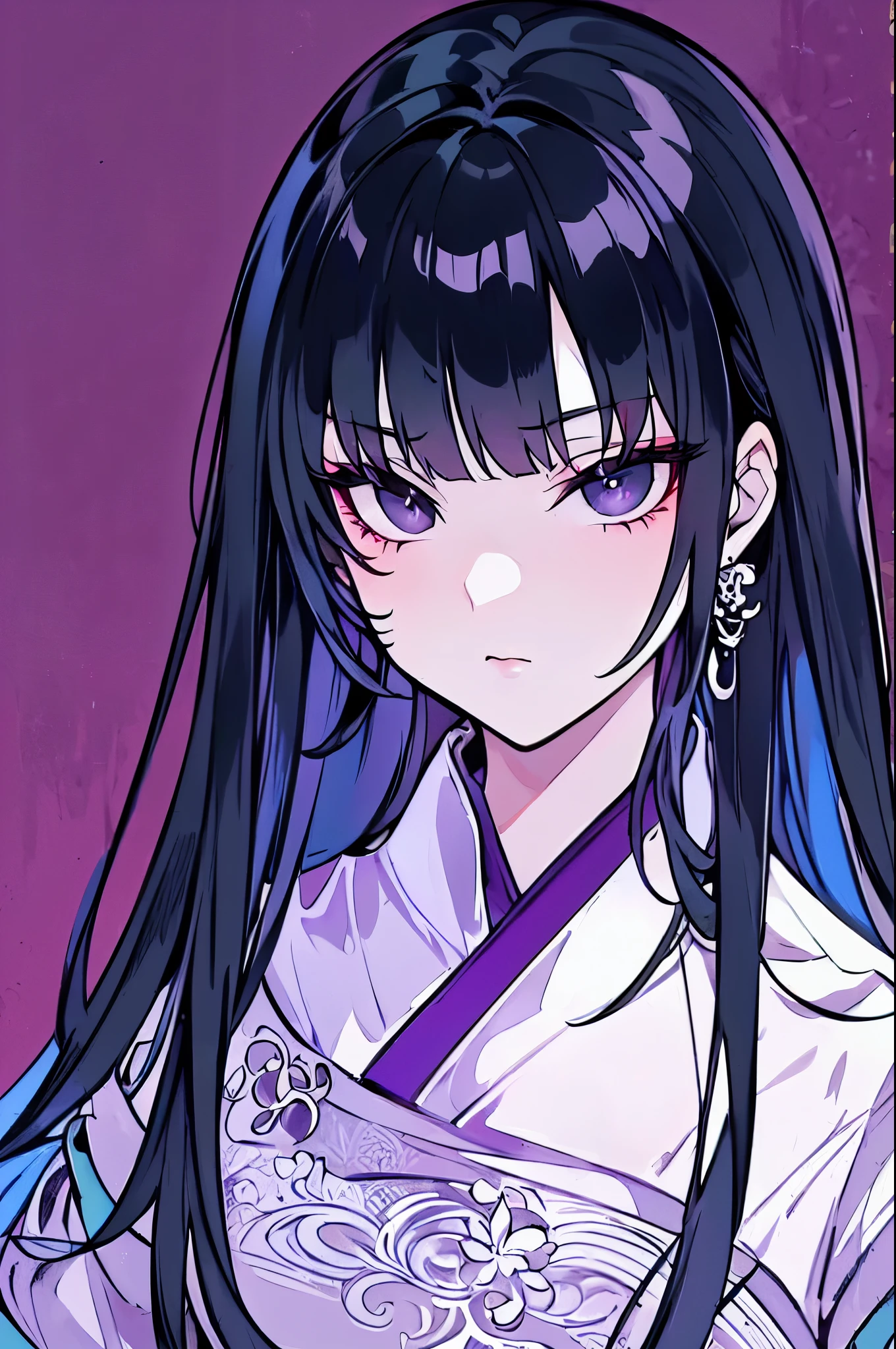 (extremely detailed 8K wallpaper),(ultra-detailed),(best quality),(masterpiece),(highly detailed),(cinematic lighting),(Original),Cold ligh，moody,(Chinese elaborate-style painting ),ink style，1girl,purple clothes，black eyes，long black hair