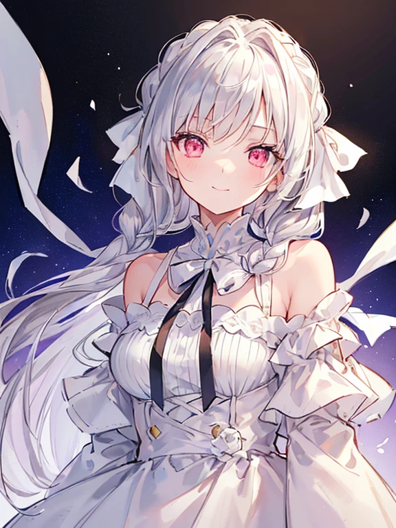 (Bestquality, Masterpiece), (An elegant girl , 1girl , solo, "Beige Dress", off-the-shoulder , Standing , Looking At The Audience, ( "Gradient silver hair", Long-haired," Braids " , white ribbon) , Gradient Pink Eyes , Closed Mouth , Smile , Upper Body, close up) , (White Background
