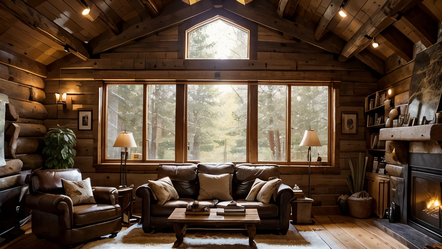 Create an inviting ambient room setting reminiscent of a peaceful cabin retreat: Picture a rustic yet charming interior with exposed wooden beams, a stone fireplace emitting a gentle glow, and large windows offering views of a serene forest or snowy landscape. Incorporate cozy details such as a fluffy rug, plump cushions on a comfortable sofa, flickering candles casting warm shadows, and a shelf adorned with plants and decorative items. Emphasize the tranquility of the scene, evoking a sense of calm and serenity perfect for escaping the hustle and bustle of everyday life.