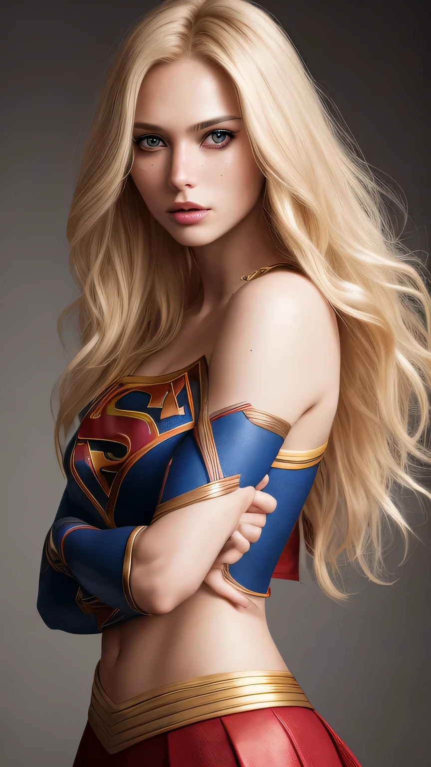 a photo of a seductive woman with loose styled (blonde hair), long hair, she is wearing a Supergirl costume, top and skirt, mascara, (textured skin, skin pores:1.1), (moles:0.8), imperfect skin,, flawless face, (light freckles:0.9), (sun-kissed:1.1), ((photorealistic):1.1), (raw, 8k:1.3), Shinny blonde hair, Supergirl, 