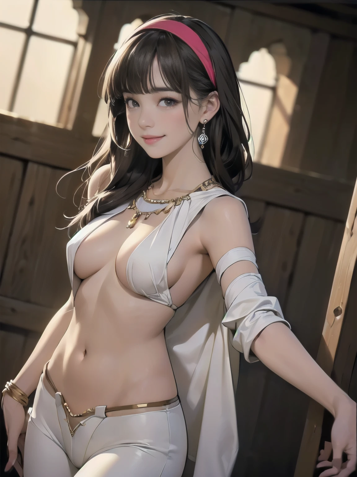 ((((highest quality))))、(((Ultra-precision CG16K wallpaper)))、(((masterpiece)))、(((Super detailed)))、(((super extreme details)))、((1Mature 24 year old woman:1.3))、((Very beautiful Japanese faceai Shiraishi:1.3))、((straight semi-long hair、blunt bangs:1.5))、(Shiny brown hair)、beautiful delicate eyes、brown eyes、high nose、small nostrils、small mouth、seductive lips、beautiful breasts、((C cup size breasts))、cleavage、plump body、perfect proportions、perfect anatomy、perfect composition、beautiful detailed shading、beautiful natural lighting、beautiful detail glow、Depth of the bounds written、(((High chroma)))、(((real:1.9)))、((vivid:1.5))、((beautiful skin))、((skin texture))、((realな皮膚感))、(((cowboy shot:1.6)))、((Front view、Front low angle:1.5))、((shy smile:1.5))、(The woman is facing this way:1.5)、Bright daylight、Natural light、(((Western Palace:1.5)))、(Open leg dance pose:1.5)、(((YD Dancer Clothing:1.6)))、((hair band、earrings、wearing necklace:1.3))、