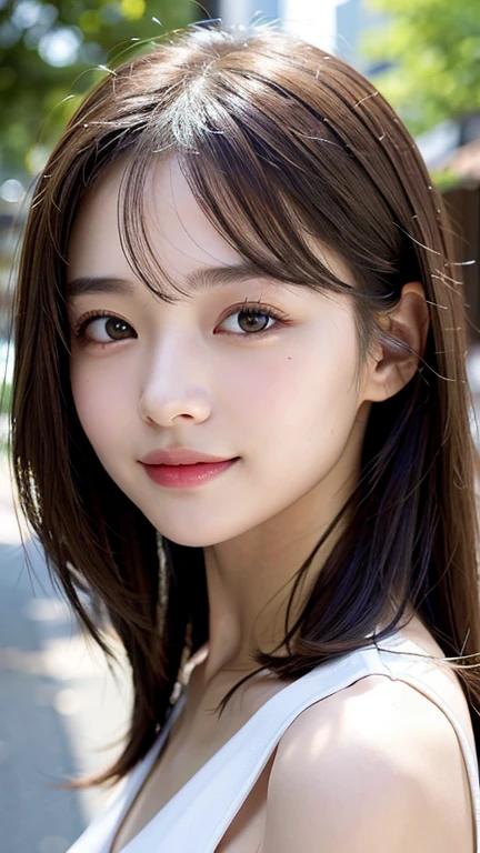 With the alleys of Kyoto in the background、18 year old girl、independent、facing forward、Light eye makeup、brown hair color、Flat 、hair blowing in the wind、quality of actress、shiny, super realistic face、smileの表情、Moist eyes、look up、calming lighting effect、 ultra-realistic capture、very detailed、High resolution 16K close-up of human skin。Skin texture must be natural、Must be detailed enough to see pores、skin is healthy、Must be even tone、Use natural light and color、High quality photos taken by a modeling agency&#39;Exclusive photographer、smile