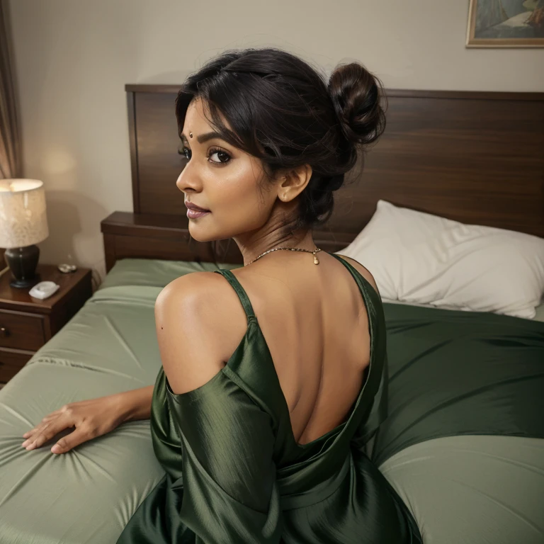 A 50 years old Indian woman,looking at viewer,horny face expression, big breasts,sexy figure,big ash,laying on a bed,wearing full length v neck green color silk nighty,on breast is visible,bun hair style,glowing skin,day time,shy smile,ultra realistic,8k,detailed clothing,one hand in ash,other hand in back of the neck