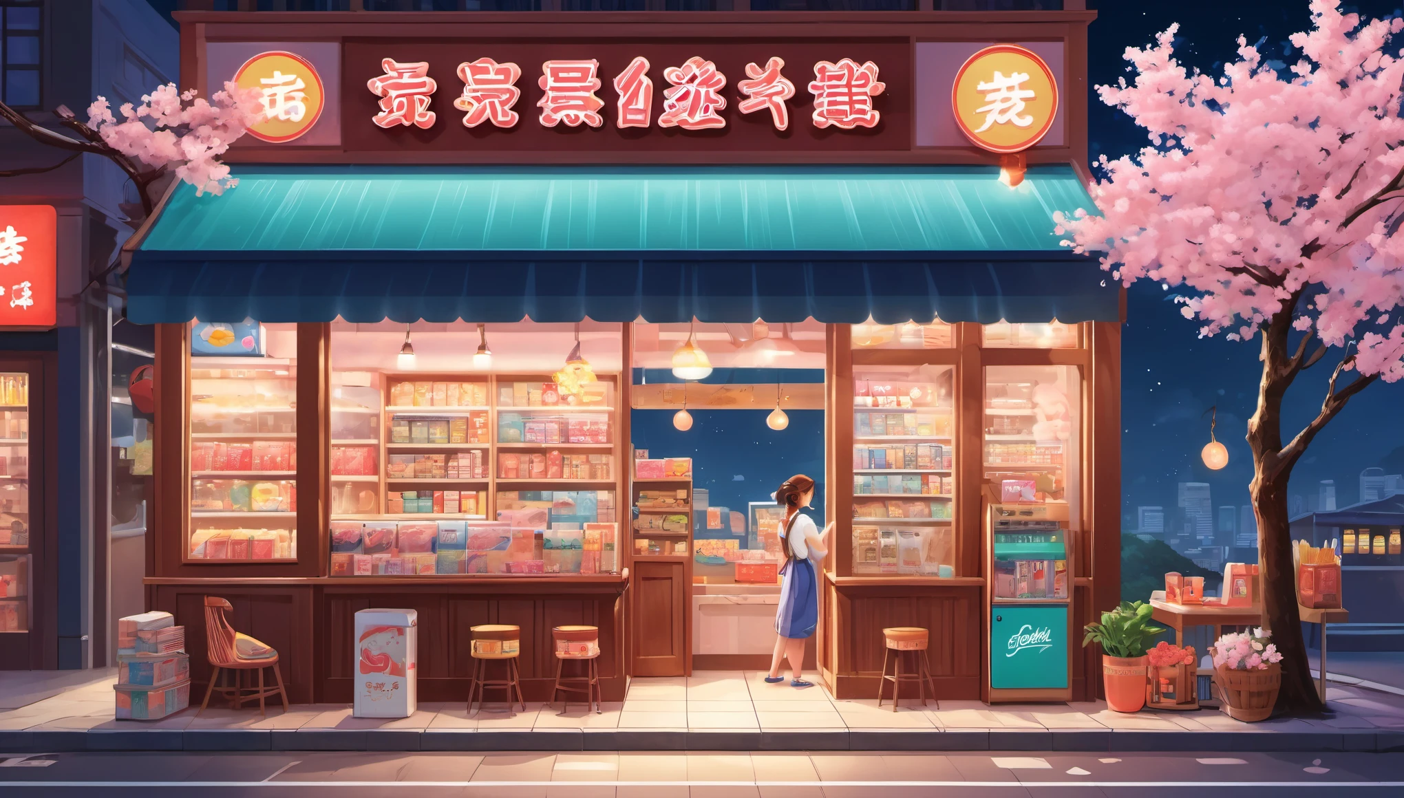 Midnight convenience store clerk,illustration,pastel colors,soft light,neon lights,cozy atmosphere,Lovely,Quaint shelves,meticulous details,Flower pattern apron,Cherry blossom theme,Friendly Smile,Well-groomed appearance,Playful hair accessories,charming eyes,Natural makeup,Calming Music,store display,late night,Old-fashioned cash register,Instant noodles on the shelf,Refreshing drinks,Magazines and newspapers,Lottery rack,Clean Floor,Organized merchandise,Creative store decoration,Window stickers,shadow,(best quality,Super fine,Photorealism),Immersive Reality,bright colors,cityscape at night,Outdoor Signs,moonlight sky。