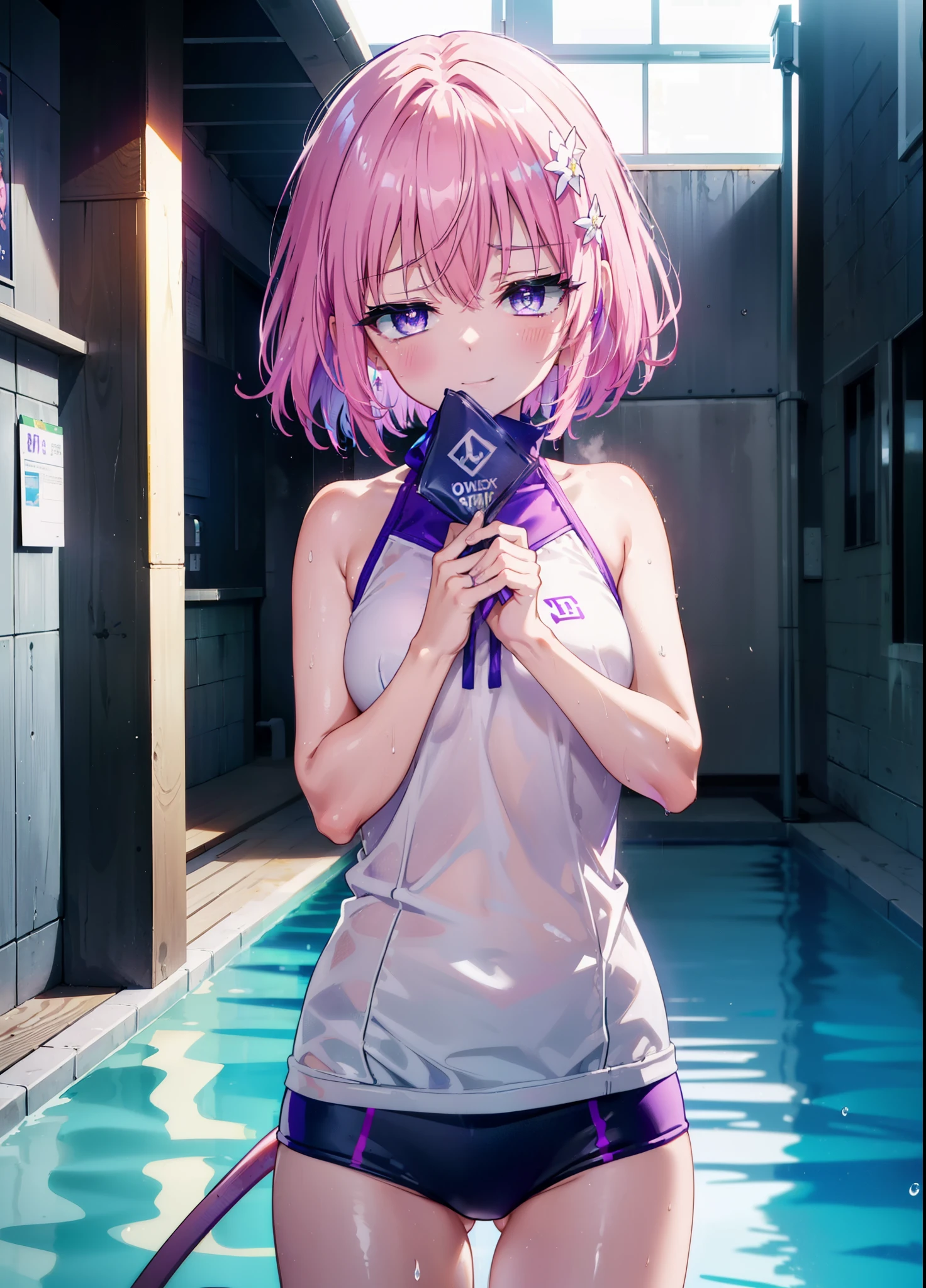 momomodel Building Uke, Deviluke type, demon tail, hair flower, hair ornaments, (purple eyes:1.1), pink hair, short hair, tail, smile,happy smile, smile, open your mouth,
break demon tail, green , school swimwear,wet hair,wet skin,barefoot,noon,sunny,
break ourdoors, School　pool,
break looking at viewer, (cowboy shot:1.5),
break (masterpiece:1.2), highest quality, High resolution, unity 8k wallpaper, (shape:0.8), (beautiful detailed eyes:1.6), extremely detailed face, perfect lighting, extremely detailed CG, (perfect hands, perfect anatomy),