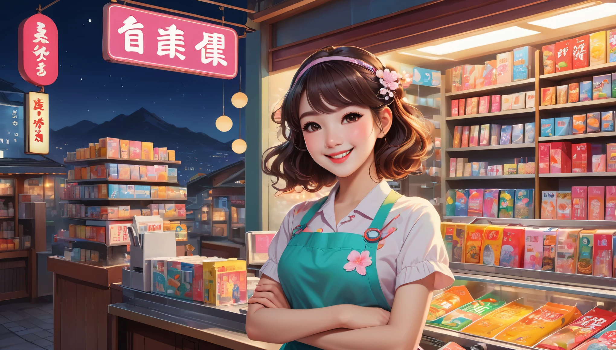 Midnight convenience store clerk，illustration，pastel colors，soft light，neon lights，cozy atmosphere，Lovely，Quaint shelves，meticulous details，Flower pattern apron，Cherry blossom theme，Friendly Smile，Well-groomed appearance，Playful hair accessories，charming eyes，Natural makeup，Calming Music，store display，late night，Old-fashioned cash register，Instant noodles on the shelf，Refreshing drinks，Magazines and newspapers，Lottery rack，Clean Floor，Organized merchandise，Creative store decoration，Window stickers，shadow，（best quality，Super fine，Photorealism），Immersive Reality，bright colors，cityscape at night，Outdoor Signs，moonlight sky。