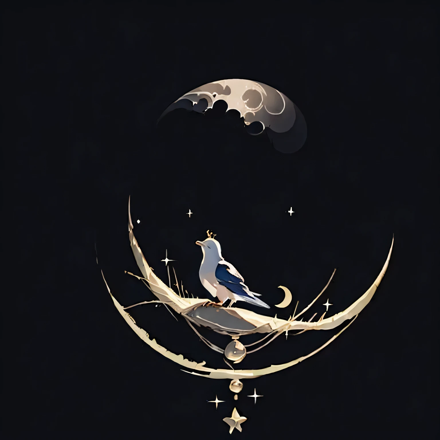 Arav image of a bird sitting on the crescent moon，There are stars on it, refracted moon sparkles, crescent moon, moon and stars, shining crescent moon, moon, ☁🌪🌙👩🏾, the moon and stars, moonlight, moon in his crown, moon beams, moon and stars in night sky, with the moon out, in the moon, crescent moon in background